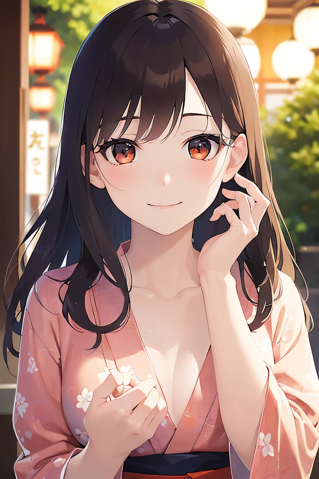 Placing hand on face, Biologically correct five fingers、A close-up of your face、Realistic, real person, (pale skin: 1.2), RAW photo, photorealistic, shiny skin, shiny hair、(25 year old woman with bangs) and (wavy hair) and (brown hair) and (orange eyes) , (yukata) and (pink) and (Floral patterns)、(embarrassed, smile:1.3), The background is a Japanese park at night、Alone、Are standing