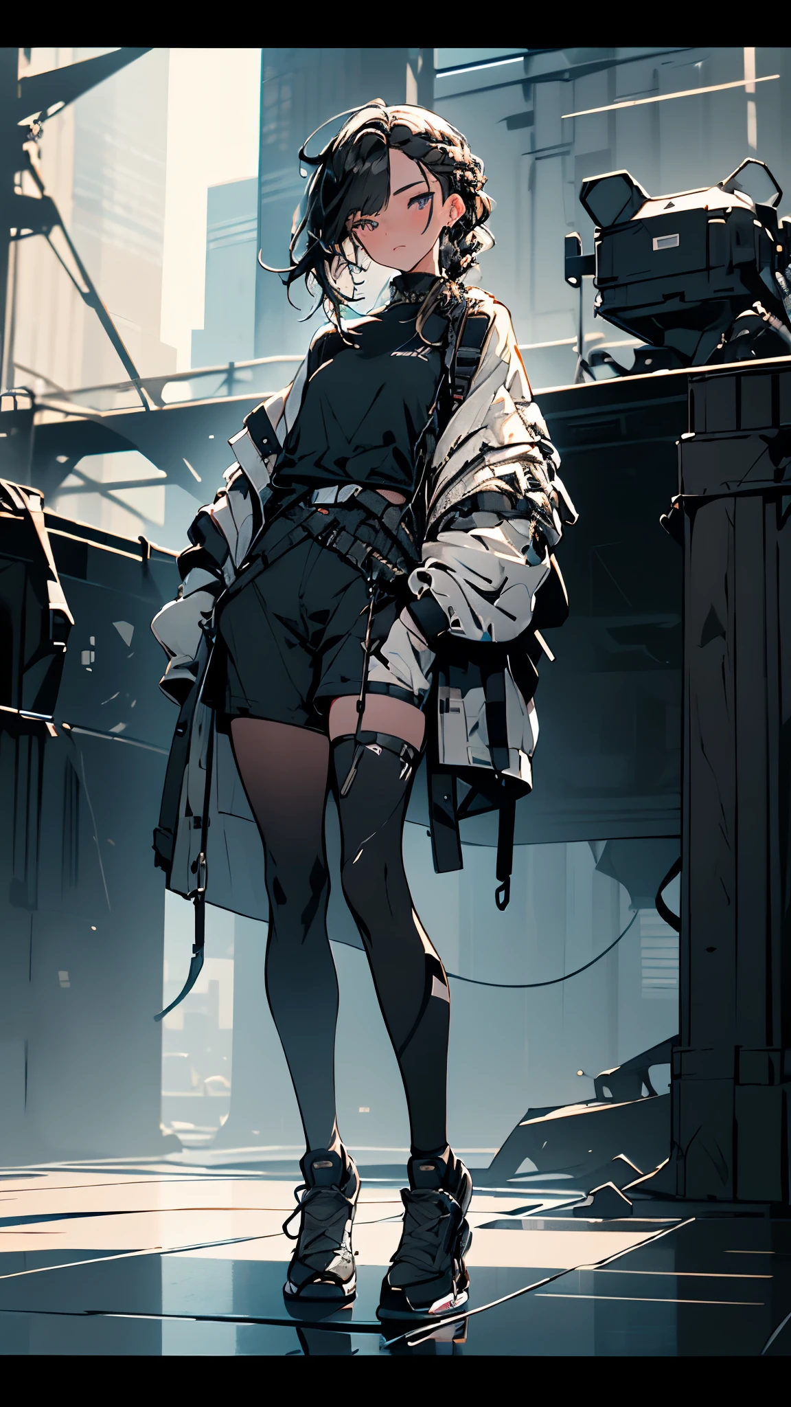 Realistic,masterpiece,best quality,cinematic lighting,natural shadow,highest detail,professional photography,detailed background,depth of field,insane details,intricate,aesthetic,detailed face,subsurface scattering,realistic hair,realistic eyes,
r1ge,1girl,muscular,photo of a girl,20yo,full body,french braid hair,crew cut,looking at viewer,Cyberbike,CyberAircraft,SPMAV,
techwear,
Neonpunkai,