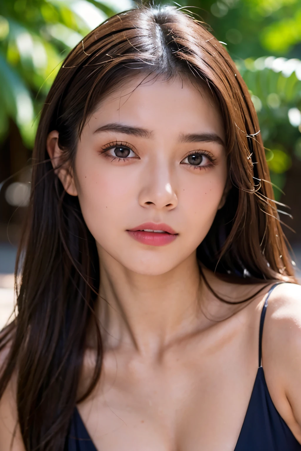 Beautiful 20 year old woman, de ojos claros, cabello negro liso, piel clara, una cara bien definida, en bikini, cuerpo definido, senos grandes, cara hermosa
