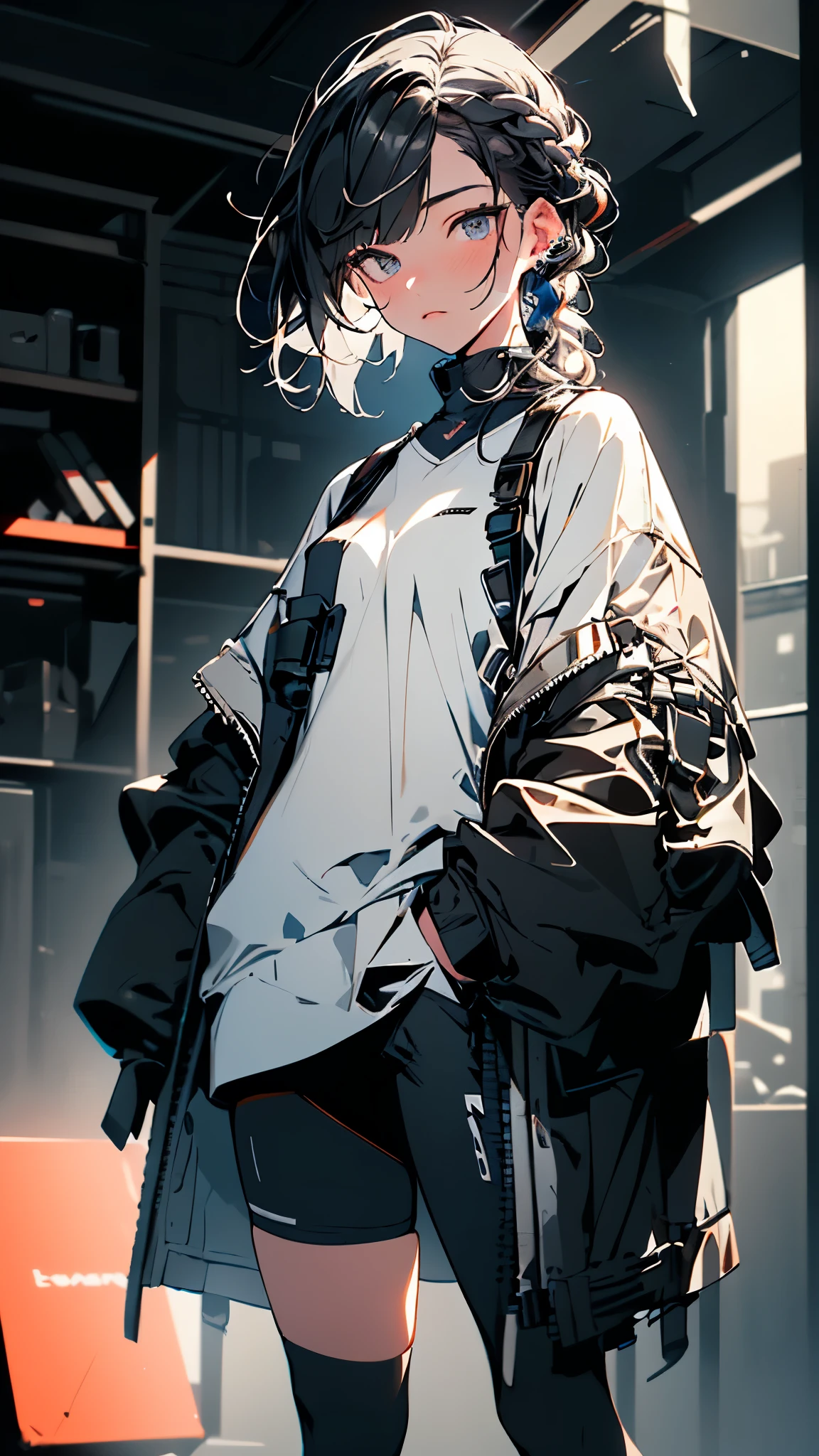 Realistic,masterpiece,best quality,cinematic lighting,natural shadow,highest detail,professional photography,detailed background,depth of field,insane details,intricate,aesthetic,detailed face,subsurface scattering,realistic hair,realistic eyes,
r1ge,1girl,muscular,photo of a girl,20yo,full body,french braid hair,crew cut,looking at viewer,Cyberbike,CyberAircraft,SPMAV,
techwear,
Neonpunkai,