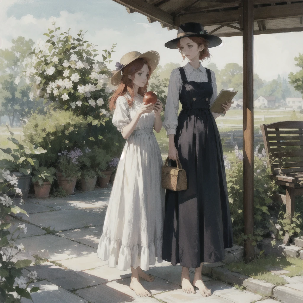a beautiful slender thin girl with a perfect face of the southern type with red hair in a 19th century dress in a hat with a book and an apple, barefoot, stands near a large old bus at the bus station, summer, A warm sunny day, in a gentle watercolor style, Discreet shades, sfumato, haze, diffused dim light, delicate mint shades, imitation of film photography, olive and grape shades, Brick Road, Brick house, coffee, High image quality, Maximum detail, big space eyes