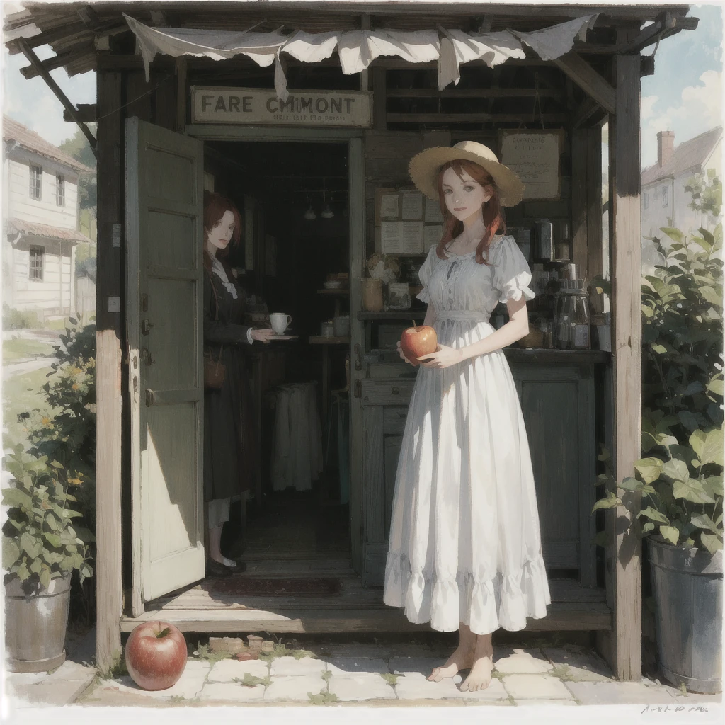 a beautiful slender thin girl with a perfect face of the southern type with red hair in a 19th century dress in a hat with a book and an apple, barefoot, stands near a large old bus at the bus station, summer, A warm sunny day, in a gentle watercolor style, Discreet shades, sfumato, haze, diffused dim light, delicate mint shades, imitation of film photography, olive and grape shades, Brick Road, Brick house, coffee, High image quality, Maximum detail, big space eyes