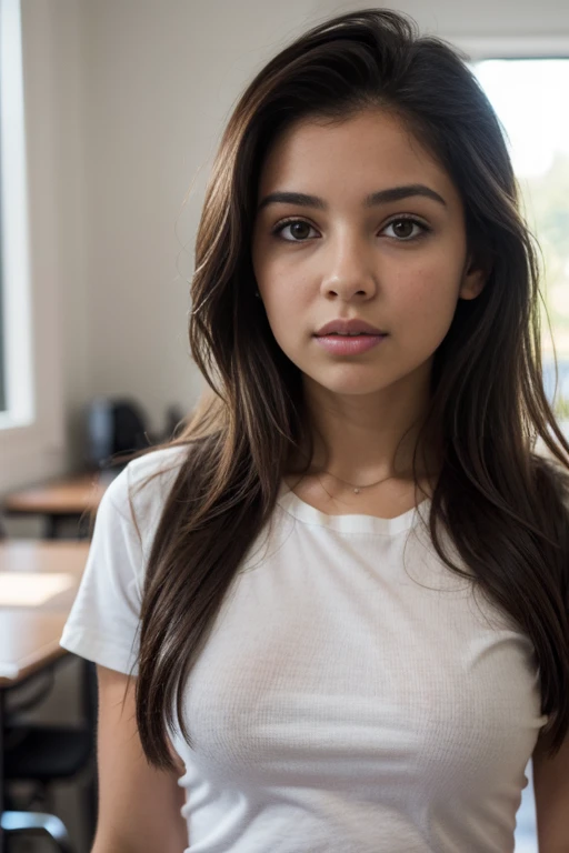 Mujer con una camisa vaquera sentada en un escritorio frente a una pizarra, (((half body camera shot))), linda colegiala, en un aula, sentado en el aula, high school girl portrait, hyperrealista , a hyperrealista , realista , mujer joven atractiva, linda mujer joven, Retrato de Sophie Mudd, escote, mirando seductoramente al frente.
