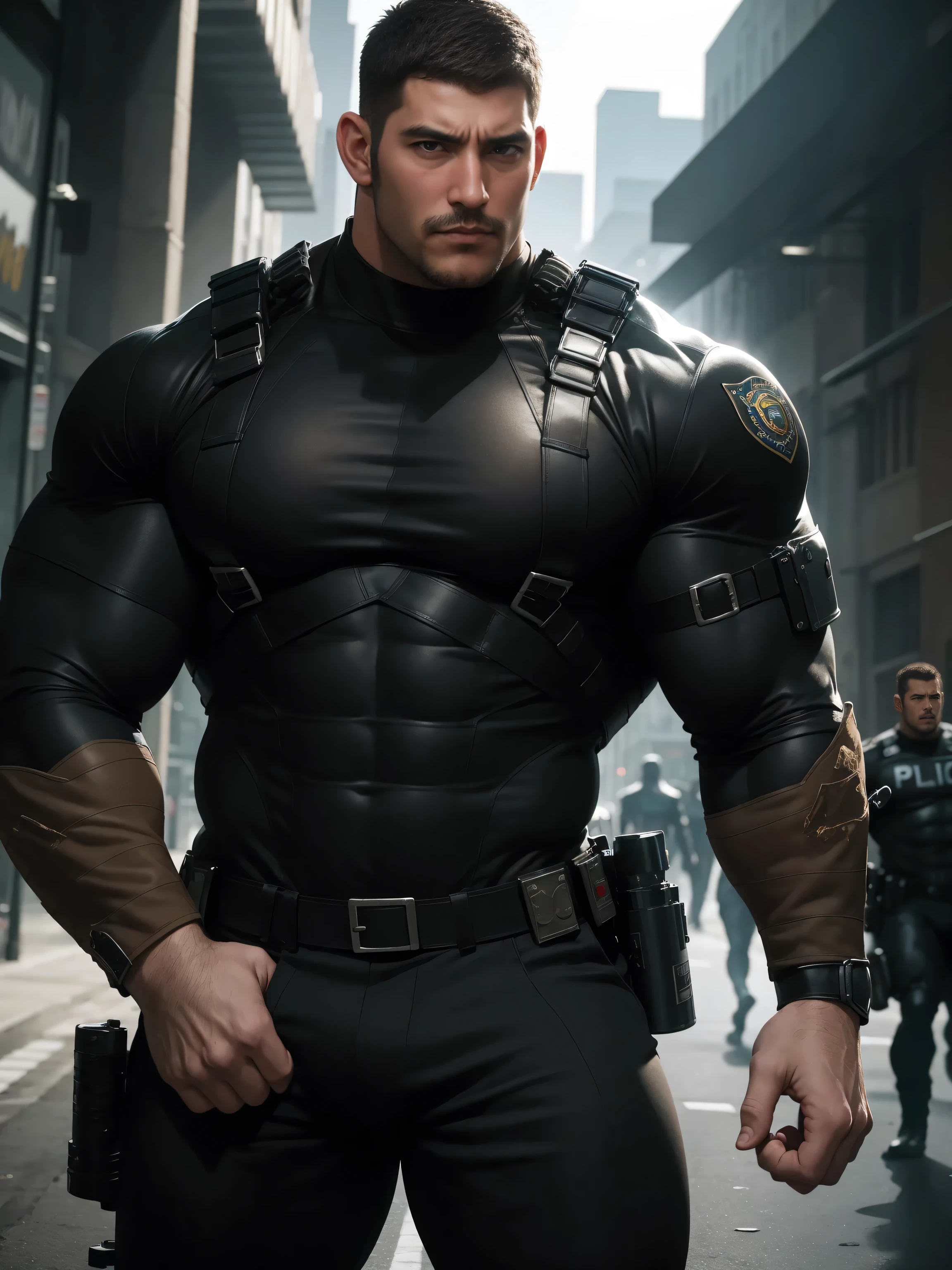 One Tall giant muscular police officer, Mechanical masks, Big Black Mask, on the street outdoors, Brown Superhero Bodysuit, The expression is arrogant, Lift your chin, Messy hair, Thick thighs, Brown Superhero Bodysuit, very tight, Regular symmetrical pattern, Highlight muscles, Police uniform pants, character concept（Resident Evil - Chris Redfield, Chris Redfield）A proud expression, Deep and charming eyes, Heroic male pose, tall Burly, muscular！muscular thighs, tough guy, perfect facial features, High, Burly, Heqiang, Super Buff and Coolness, High Resolution Committee, Charismatic strongman, The sun is blazing, dazzling