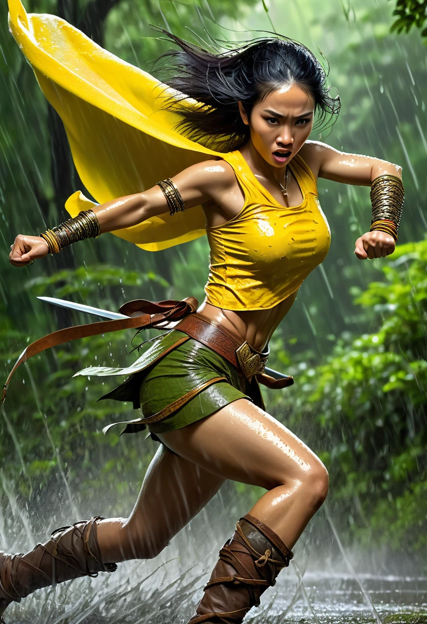 Javanese female warrior, sweaty athletic body, wearing a yellow cloth, grab a big sword, hands wearing bracelets in a tense situation and under the rain, wet. green forest background with flying birds. realistic, dramatic, detailed
