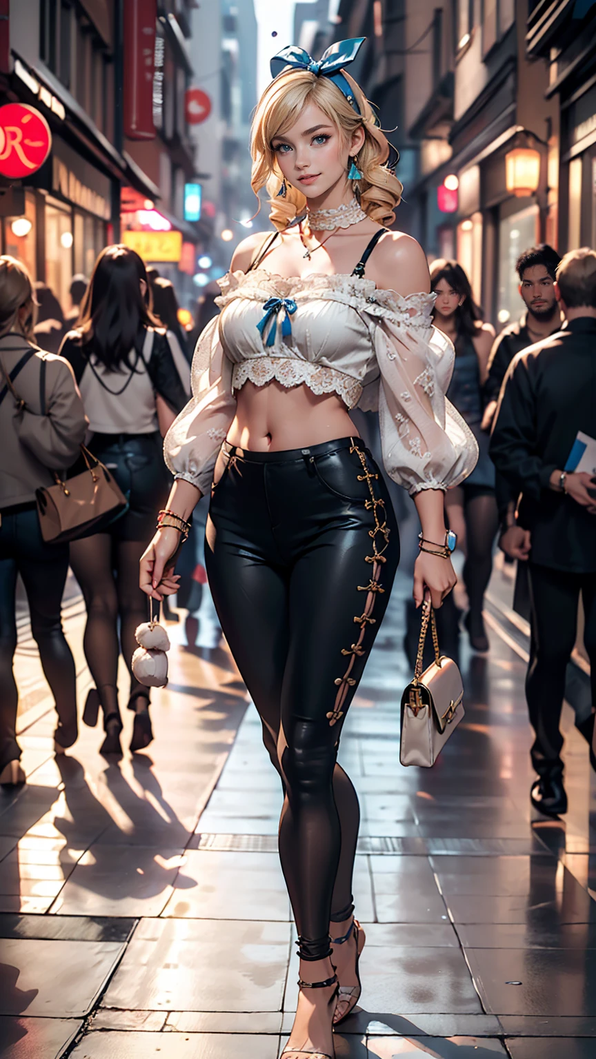 24 year old Caucasian female、Silver Hair、、long hair、Hair becomes wavy、Outstanding proportions、Wear a see-through blouse((The lace-decorated bra is visible through the fabric))、I can see my belly button、Wear low rise pants with leggings、Wear low rise leggings、Wear stiletto heels