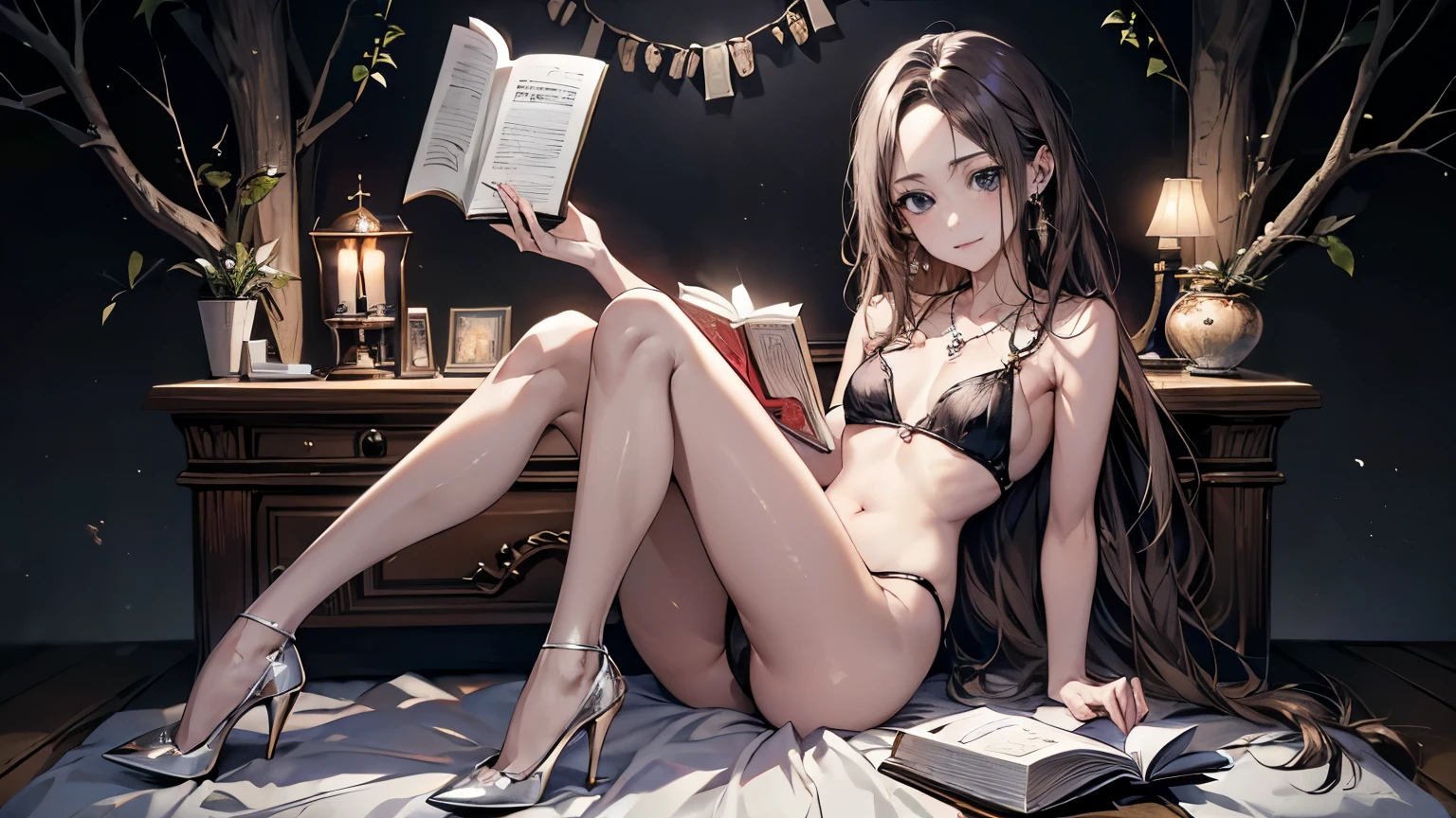 ((Biologically correct limb count))、(( Full-body photo including face))、4K、masterpiece、((Symmetrical facial features))、Eye for detailed depiction、Beautiful woman、Excellent style、Beautiful clavicle、Beautiful feet、Beautiful Hands、Slender body、(Small Ass、Thin thighs)、(High heels)、Facial detailing、Small earrings、necklace、Glancing sideways、Great background、Low Angle、Sitting and reading a book