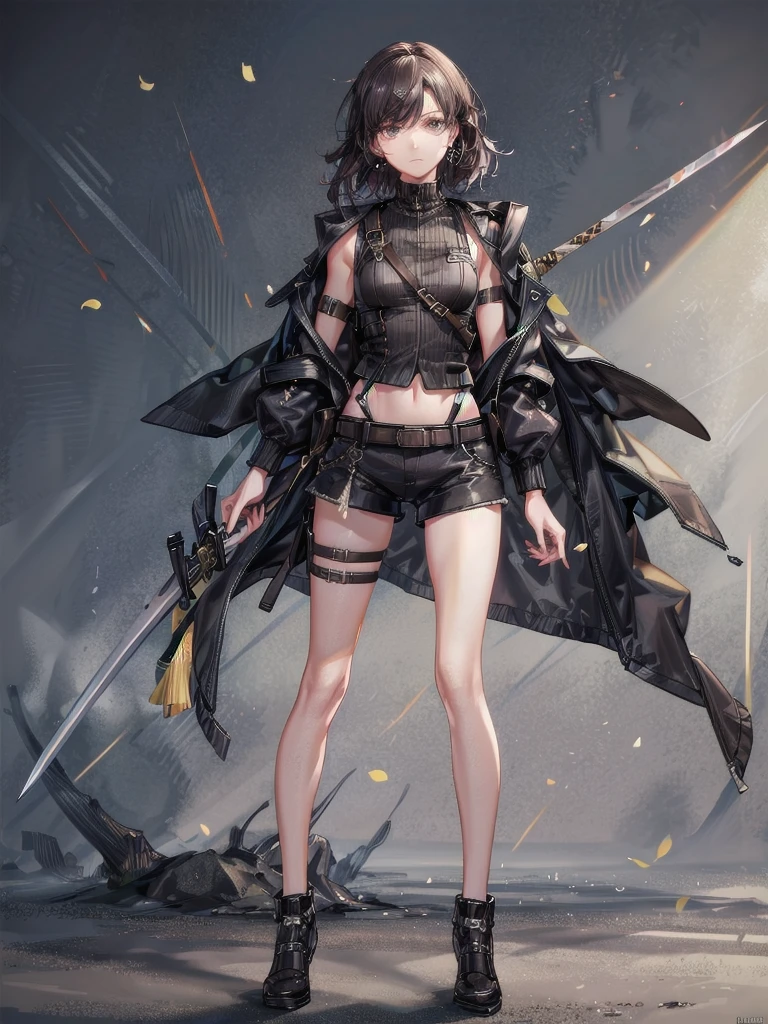 whole body, long sword, Black military uniform, Ladies' military vests, absurdres, RAW photo, extremely delicate and beautiful, masterpiece, Best Quality, ultra high resolution, 32k, hyperrealistic, ultra-detailed, tearful mole, earring, short medium hair, wavy hair, urban backdrop, shorts, midriff,