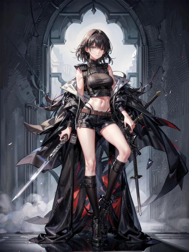 whole body, long sword, Black military uniform, Ladies' military vests, absurdres, RAW photo, extremely delicate and beautiful, masterpiece, Best Quality, ultra high resolution, 32k, hyperrealistic, ultra-detailed, tearful mole, earring, short medium hair, wavy hair, urban backdrop, shorts, midriff,