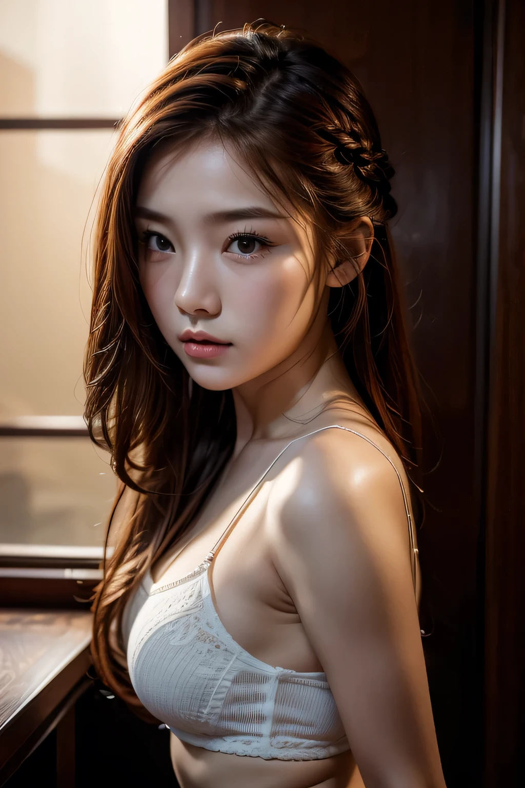 Portrait of a beautiful 18 year old girl, Redhead, Gorgeous Chinese, Cotton panties, At the entrance, (dark private office, Dark and gloomy light: 1.2), masterpiece, 最high quality, high quality, High resolution,, Braided hair、(Face close-up)､