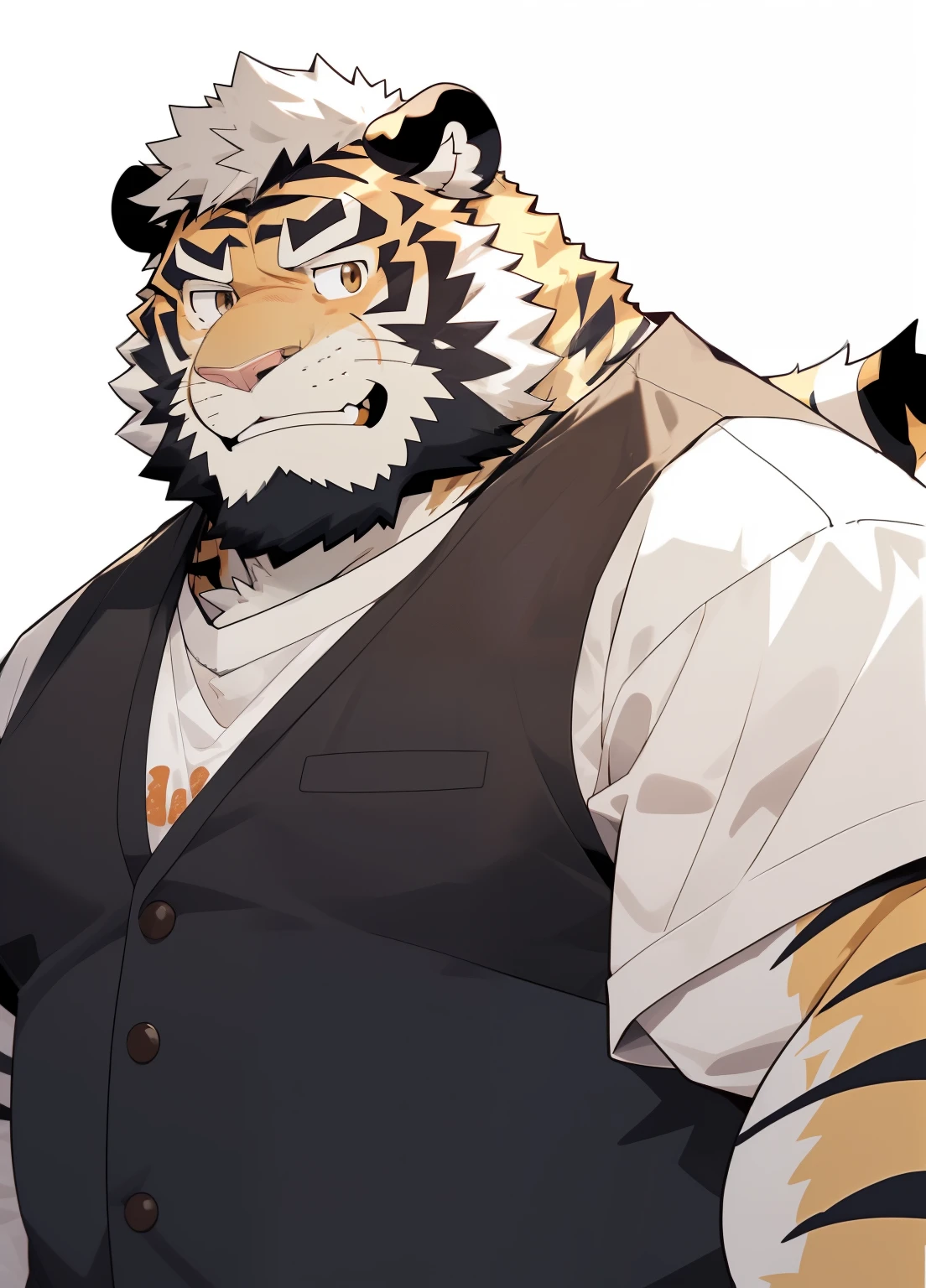 hairy，（tiger，Short brown sleeveiddle-aged uncle，Q print style， ），beard，golden fur，white short hair，male，brown eyes，Common，Middle-aged uncle，Mature and steady，honest，Grinning，Q print style，