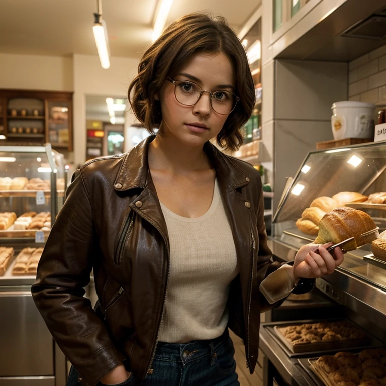 She is a woman in her twenties, with an appearance that combines the classic elegance of Jenna Coleman with the touch of determination of Resident Evil's Jill Valentine. Her brown hair falls in soft curls, framing a delicate face adorned with expressive, penetrating eyes. She wears slightly thick glasses that add an intellectual charm to her look. She wears a brown leather jacket and dark green jeans. Her posture is confident, and her presence radiates a mixture of intelligence, courage and grace. Where she is standing is in line at a bakery.