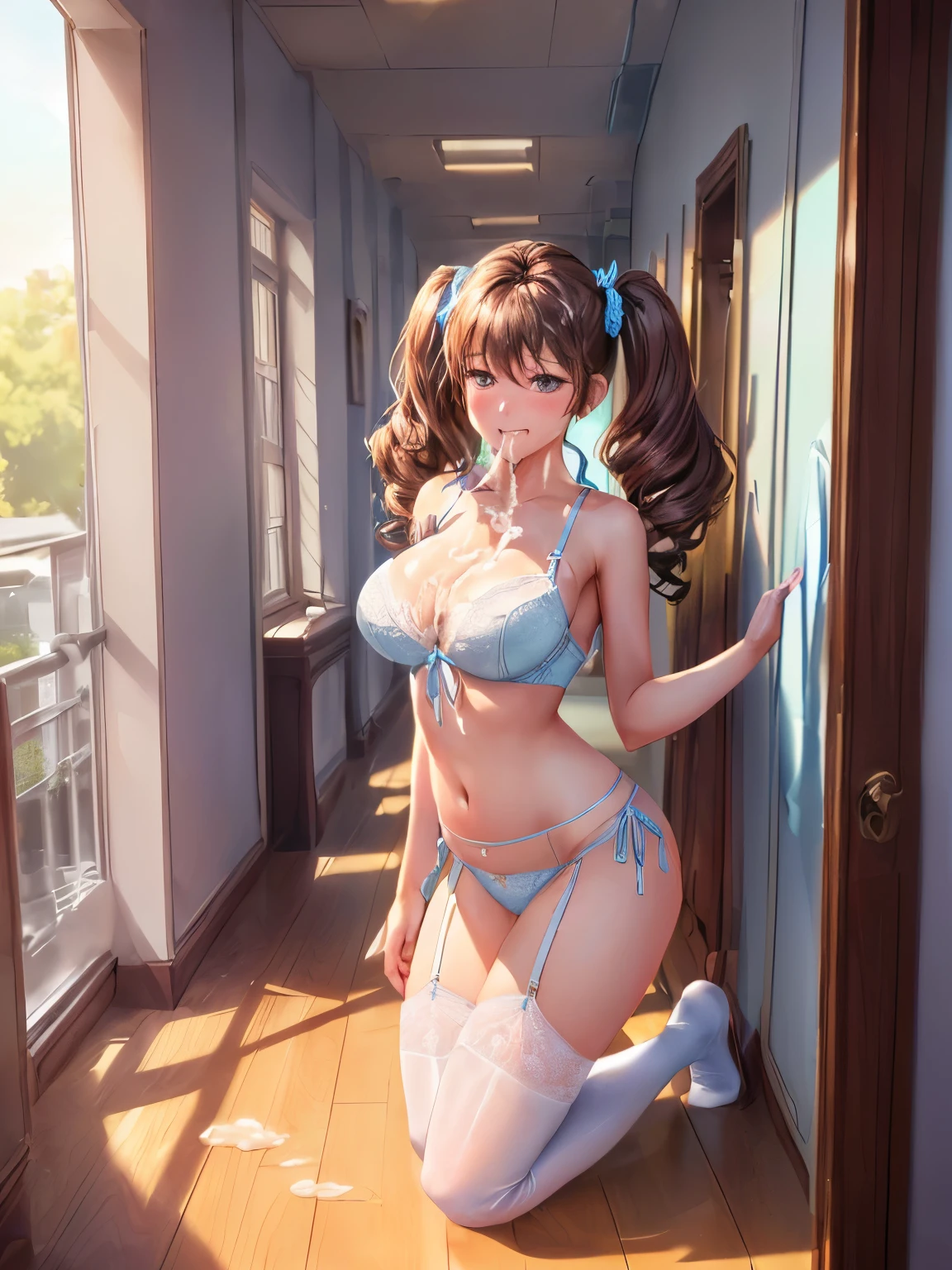 ((A woman in underwear is kneeling and staring with her mouth open.:1.4), ((highest quality)), (Very detailed), (Very detailed CG 統合 8k 壁紙), Very detailed, High-resolution RAW color photos, Professional photography, Brown Hair, Twin tails, Great face and eyes, Beautiful and large breasts, Slender body, (Stunningly beautiful woman), (Detailed face:1.2),(Office corridor, Many business people walking down the corridor, There is a window in the hallway:1.3), ((cute, Sighing expression)), ((Stylish light blue satin lingerie with lavish decorations:1.3), (A white lace bra with a light blue base), (Light blue with white lace side-tie panties:1.3)), garter belt, Knee socks, (Perfect lighting),(Open your mouth wide:1.5), Breathe with your shoulders, sexual pleasure expression, Holding in pee、Patience is the limit、On the brink of climax, (Perfect Anatomy, Perfect number of arms, Perfect hands)、(cum on face:1.5), A &#39;Phew&#39; sound, I can&#39;t drink it all, Surprised expression, (Employee ID card around the neck:1.3)