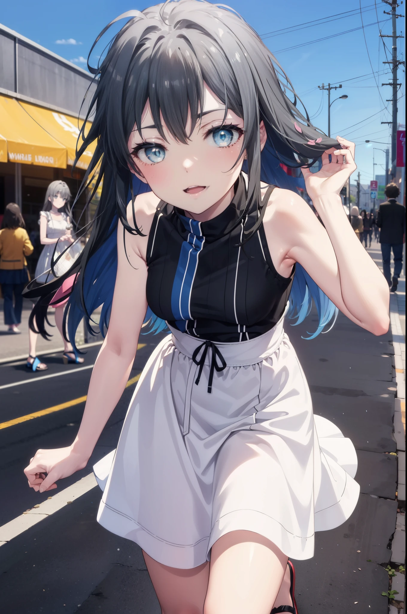 yukinoyukinoshita, Yukino yukinoshita, Black Hair, blue eyes, Long Hair,smile, Small breasts,happy smile, smile, Open your mouth,
, Sleeveless white dress,White long skirt,Cute Sandals,walking,Real Summer,Daytime,sunny,whole bodyがイラストの中に入っていくように,
break outdoors ,city,Building district,　　　　　　　　　　　　　　　break looking at viewer, whole body,
break (masterpiece:1.2), highest quality, High resolution, unity 8k wallpaper, (shape:0.8), (Beautiful and beautiful eyes:1.6), Highly detailed face, Perfect lighting, Extremely detailed CG, (Perfect hands, Perfect Anatomy),