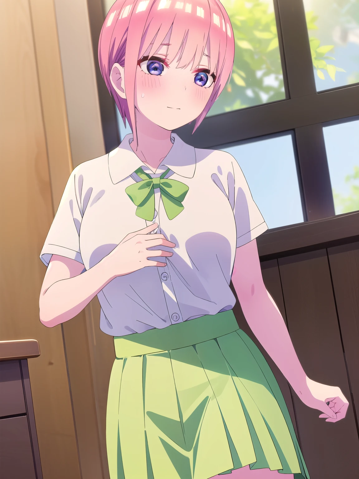 ichikanakano, Nakano Ichika, short hair, bangs, blue eyes, Hair between the eyes, Pink Hair, smile,
break skirt, shirt, , white shirt, Short sleeve, Pleated skirt, shoes, shoes下, collared shirt, Black footwear, sweater, white shoes下, (Green Skirt:1.5), loafers, Waist clothes,
break indoors, classroom,
break looking at viewer, (Cowboy Shot:1.5),
break (masterpiece:1.2), Highest quality, High resolution, unity 8k wallpaper, (figure:0.8), (Beautiful attention to detail:1.6), Highly detailed face, Perfect lighting, Highly detailed CG, (Perfect hands, Perfect Anatomy),Browsing Caution,Pussy juice,Last:1.5)On the bed,Bedroom, ,(Nipples are visible:1.3),(Grab your chest,Masturbation,Self Play:1.3),Sitting, (Spread your legs wide:1.3), (famale Masturbation:1.5),(Insert your finger into your pussy:1.2),(Peeking into pussy:1.4),Lower Body,Naked Pussy, pussyfocus,pubic hair, Pussy juice, (Ecstasy:1.1),(vapor:1.2),(Wet:0.7),(trembling:1.1),(tears:1.1),(Sweat:1.1