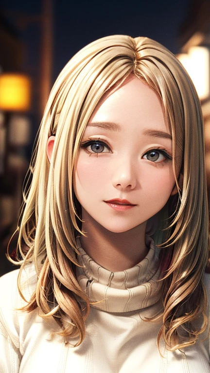 (Top quality masterpiece:1.2) Delicate illustrations, Very detailed, /Beautiful Japanese Woman、1 person,Very cute and slim、Excellent style 、((8K images、super high quality))、Very delicate face, Beautiful forehead、Beautiful thighs、Bright red lipstick,(((((Middle Hair、Light brown hair、Blonde hair))))),very cute、Kind eyes,((((Tight sweater))))、starry skies、Tokyo night view
