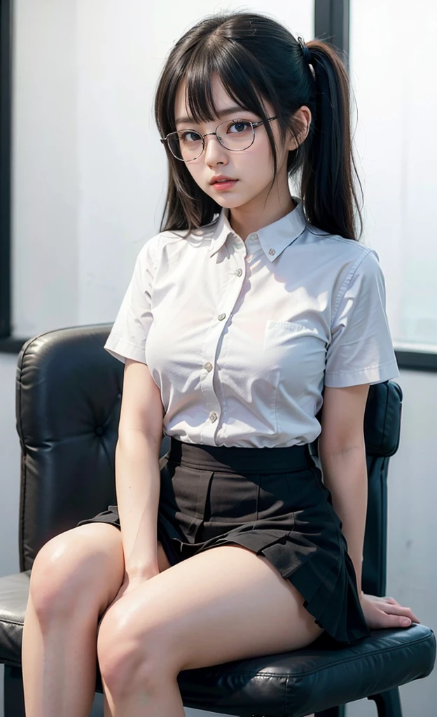 1girl, 18 years old woman, eye glasses, black twintail hair, bangs, light pink blush, sitting on a single chair, library, white short sleeve blazer, white collar, big , small waist, mini skirt, thicc_thighs
thighs, legs, perfect fingers, 