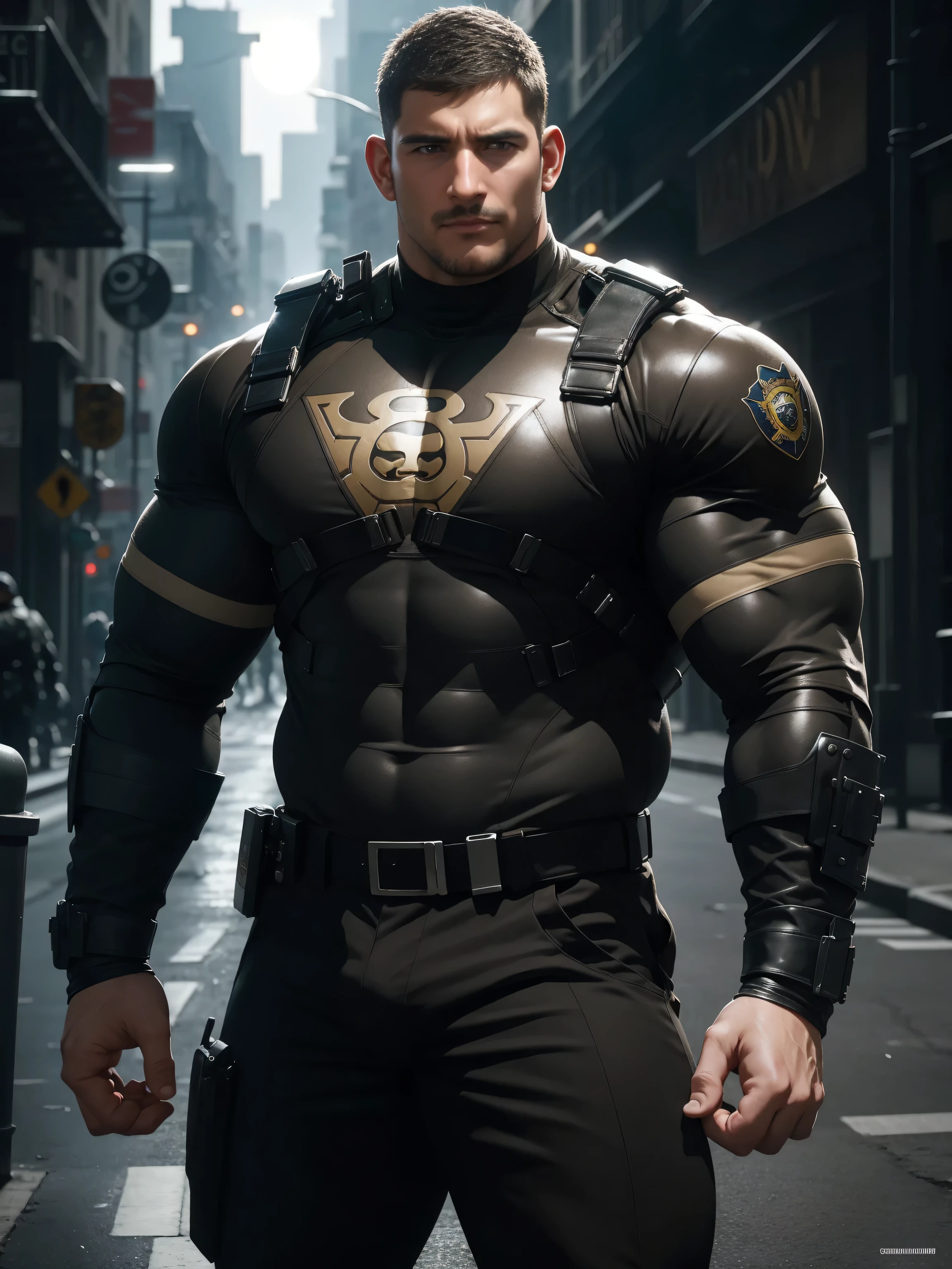 One Tall giant muscular police officer, Mechanical masks, Big Black Mask, on the street outdoors, Brown Superhero Bodysuit, The expression is arrogant, Lift your chin, Messy hair, Thick thighs, Brown Superhero Bodysuit, very tight, Regular symmetrical pattern, Highlight muscles, Police uniform pants, character concept（Resident Evil - Chris Redfield, Chris Redfield）A proud expression, Deep and charming eyes, Heroic male pose, tall Burly, muscular！muscular thighs, tough guy, perfect facial features, High, Burly, Heqiang, Super Buff and Coolness, High Resolution Committee, Charismatic strongman, The sun is blazing, dazzling