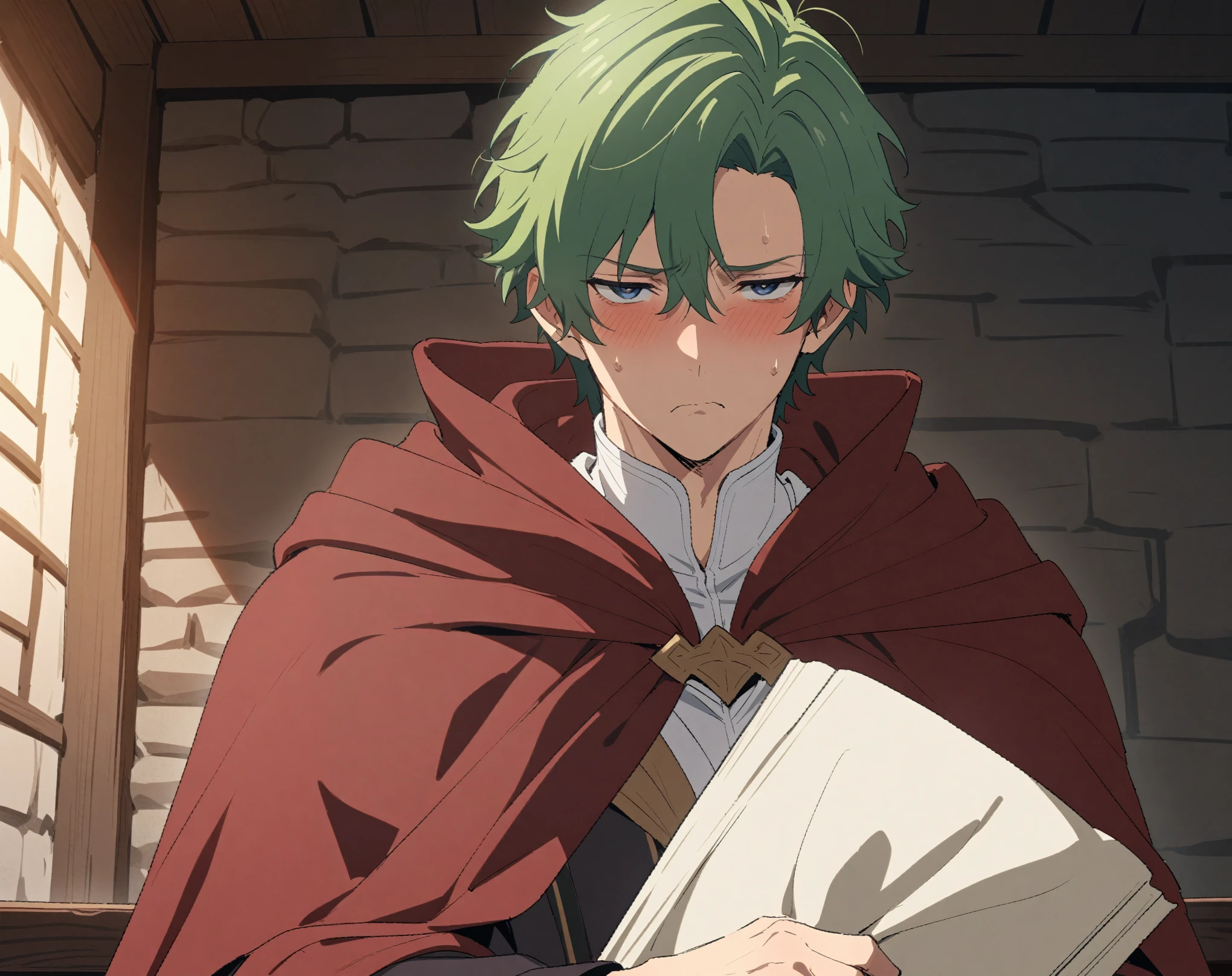 (Masterpiece, best quality, highres, portrait) {{Artist: Sincos}} 1 man, solo, mature, 24 years old, handsome, elegant, fair skin, blue eyes, short hair, green hair, mage robe, white robe, dark red cloak, tsundere, tired eyes, pouting, standing straight, looking at camera, holding parchment, in tavern, fantasy.