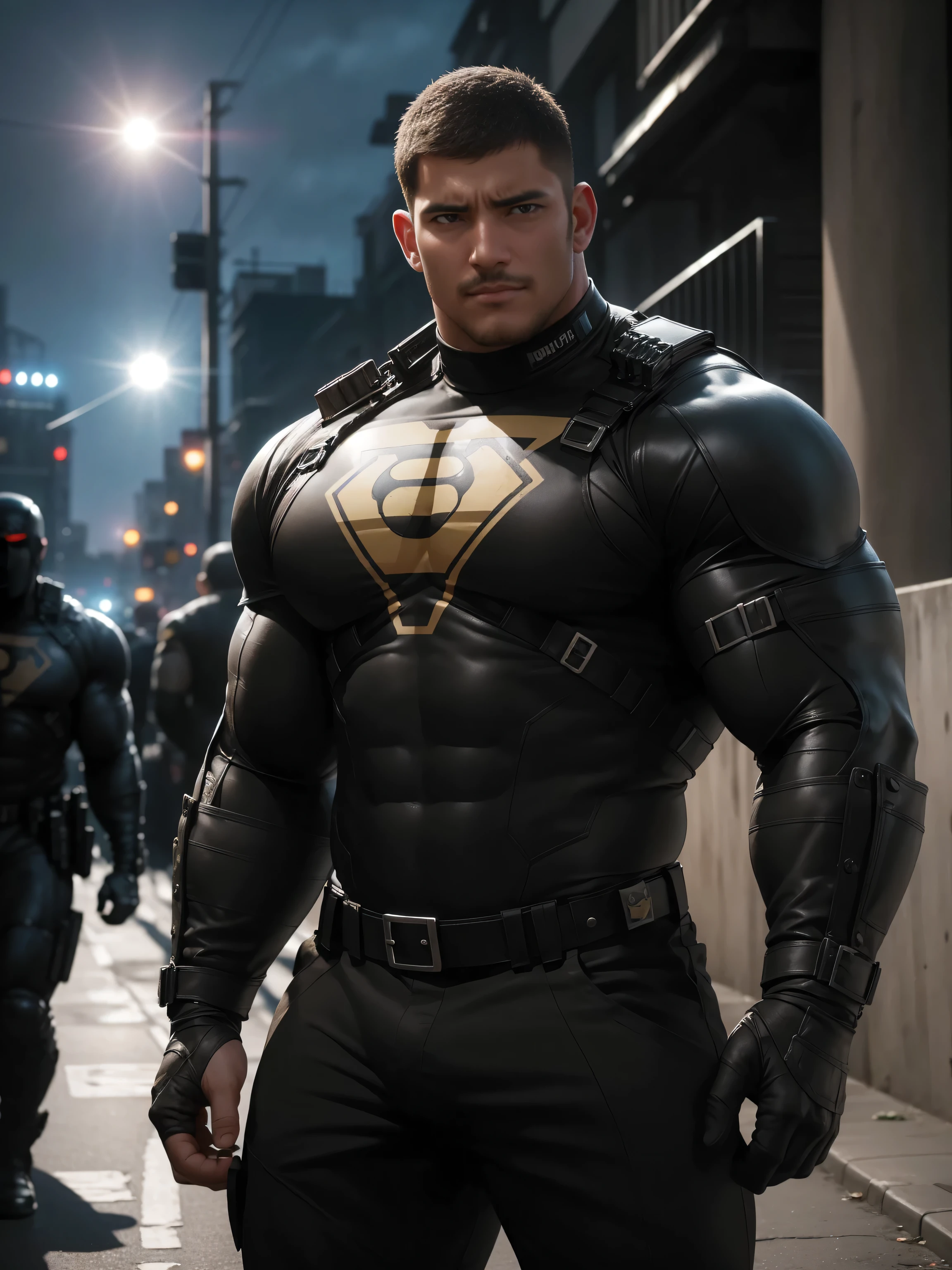 One Tall giant muscular police officer, Mechanical masks, Big Black Mask, on the street outdoors, Brown Superhero Bodysuit, The expression is arrogant, Lift your chin, Messy hair, Thick thighs, Brown Superhero Bodysuit, very tight, Regular symmetrical pattern, Highlight muscles, Police uniform pants, character concept（Resident Evil - Chris Redfield, Chris Redfield）A proud expression, Deep and charming eyes, Heroic male pose, tall Burly, muscular！muscular thighs, tough guy, perfect facial features, High, Burly, Heqiang, Super Buff and Coolness, High Resolution Committee, Charismatic strongman, The sun is blazing, dazzling