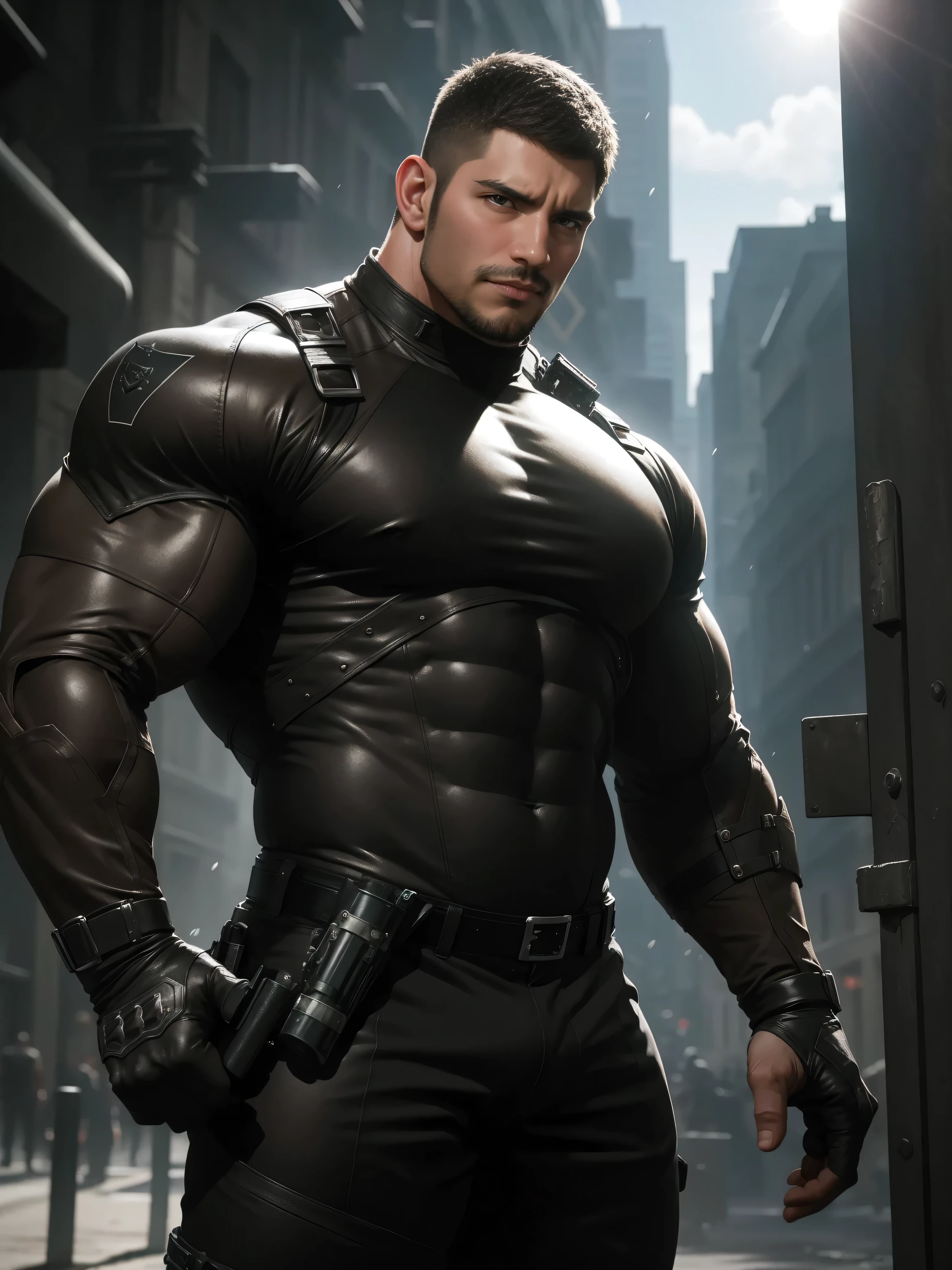 One Tall giant muscular police officer, Mechanical masks, Big Black Mask, on the street outdoors, Brown Superhero Bodysuit, The expression is arrogant, Lift your chin, Messy hair, Thick thighs, Brown Superhero Bodysuit, very tight, Regular symmetrical pattern, Highlight muscles, Police uniform pants, character concept（Resident Evil - Chris Redfield, Chris Redfield）A proud expression, Deep and charming eyes, Heroic male pose, tall Burly, muscular！muscular thighs, tough guy, perfect facial features, High, Burly, Heqiang, Super Buff and Coolness, High Resolution Committee, Charismatic strongman, The sun is blazing, dazzling