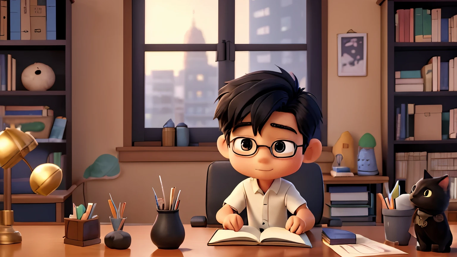 An Asian boy about seven or eight years old sitting at a desk reading a book，A little black cat is lying on the corner of the table，A study room full of books，3D cute cartoon style，illustration，panoramic，Soft Lighting，High-definition graphics