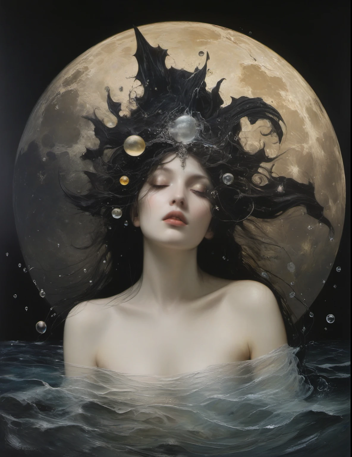 James Gurney, Surrealist art , dream-like, Mysterious, Provocative, symbolic, Complex, detailed,, (Gothic but very beautiful:1.4), (masterpiece, highest quality:1.4) , Nicola Samori Style, Siren Kissed by the Moon、Sea Witch、Water bubbles