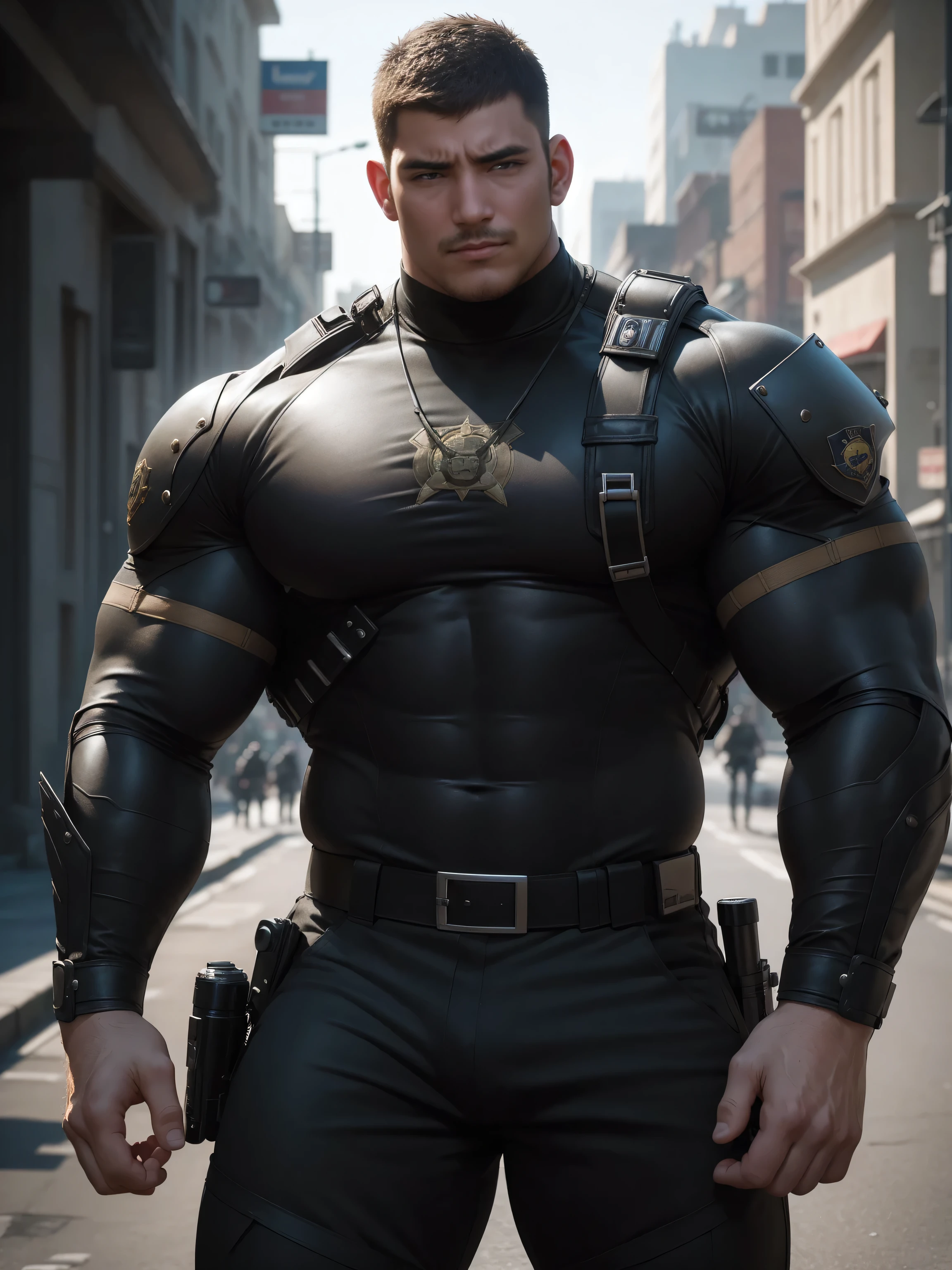 One Tall giant muscular police officer, Mechanical masks, Big Black Mask, on the street outdoors, Brown Superhero Bodysuit, The expression is arrogant, Lift your chin, Messy hair, Thick thighs, Brown Superhero Bodysuit, very tight, Regular symmetrical pattern, Highlight muscles, Police uniform pants, character concept（Resident Evil - Chris Redfield, Chris Redfield）A proud expression, Deep and charming eyes, Heroic male pose, tall Burly, muscular！muscular thighs, tough guy, perfect facial features, High, Burly, Heqiang, Super Buff and Coolness, High Resolution Committee, Charismatic strongman, The sun is blazing, dazzling