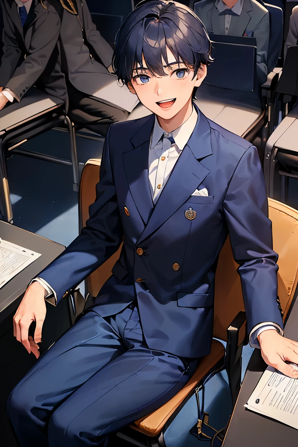 ((best quality)), ((masterpiece)), ((detailed)), (((perfect face))), (((18yo boy in navy blue suit))) (((navy blue pants))), (((sitting on seat in lecture theatre))), (((laughing, smiling, happy))), (((big, wide eyes)))