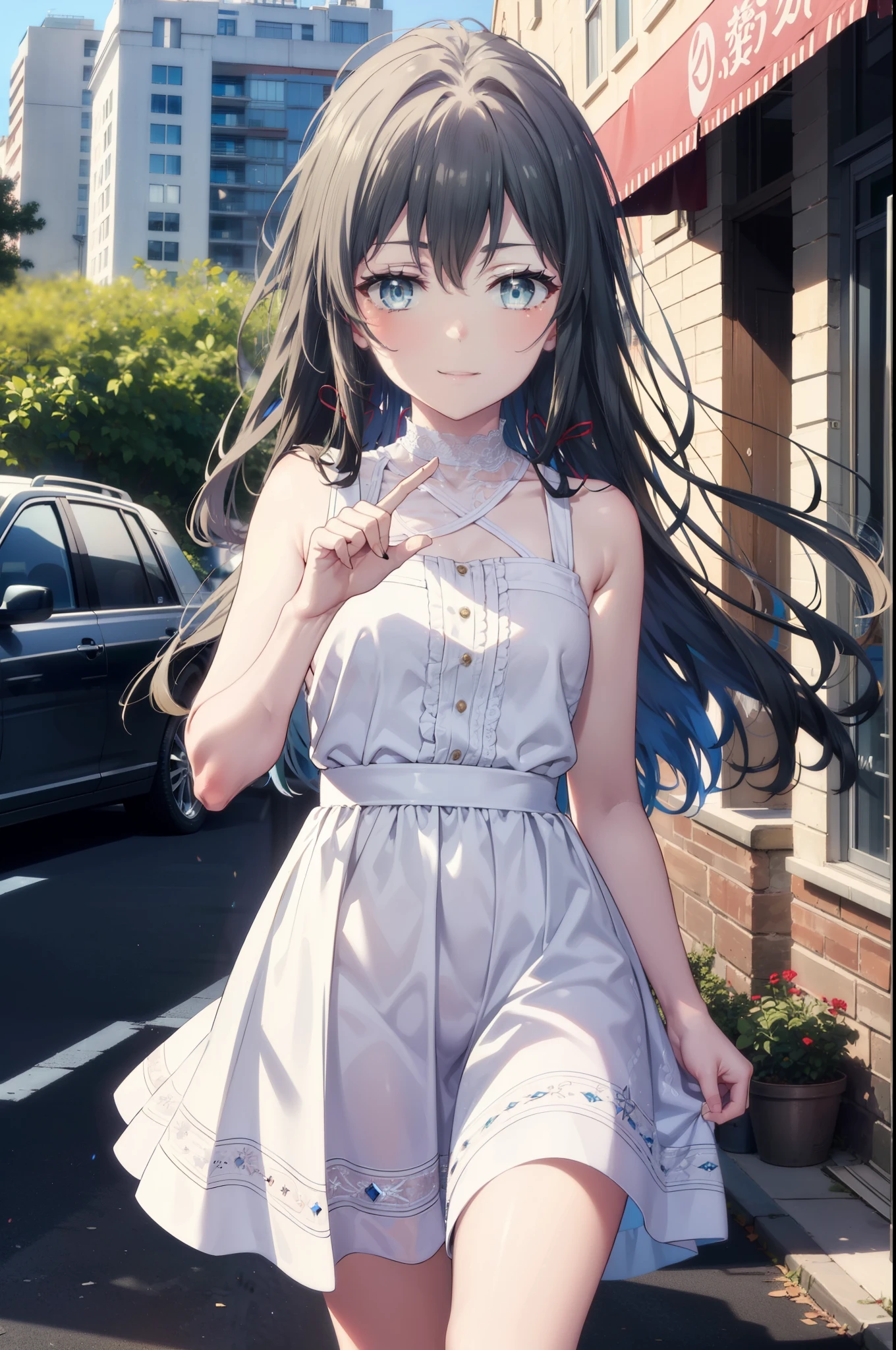 yukinoyukinoshita, Yukino yukinoshita, Black Hair, blue eyes, Long Hair,smile, Small breasts,happy smile, smile, Close your mouth,
, Sleeveless white dress,White long skirt,Cute Sandals,walking,Real Summer,Daytime,sunny,whole bodyがイラストの中に入っていくように,
break outdoors ,city,Building district,　　　　　　　　　　　　　　　break looking at viewer, whole body,
break (masterpiece:1.2), highest quality, High resolution, unity 8k wallpaper, (shape:0.8), (Beautiful and beautiful eyes:1.6), Highly detailed face, Perfect lighting, Extremely detailed CG, (Perfect hands, Perfect Anatomy),