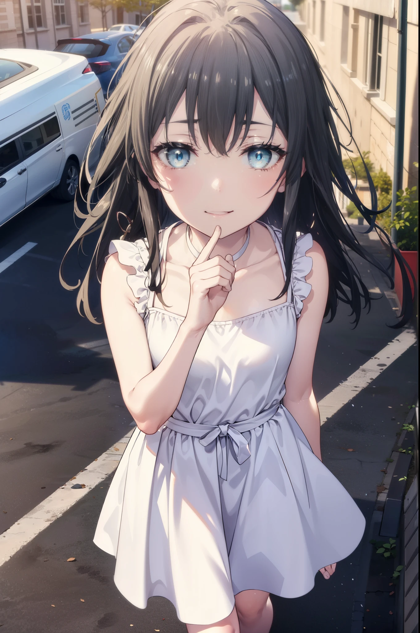 yukinoyukinoshita, Yukino yukinoshita, Black Hair, blue eyes, Long Hair,smile, Small breasts,happy smile, smile, Close your mouth,
, Sleeveless white dress,White long skirt,Cute Sandals,walking,Real Summer,Daytime,sunny,whole bodyがイラストの中に入っていくように,
break outdoors ,city,Building district,　　　　　　　　　　　　　　　break looking at viewer, whole body,
break (masterpiece:1.2), highest quality, High resolution, unity 8k wallpaper, (shape:0.8), (Beautiful and beautiful eyes:1.6), Highly detailed face, Perfect lighting, Extremely detailed CG, (Perfect hands, Perfect Anatomy),