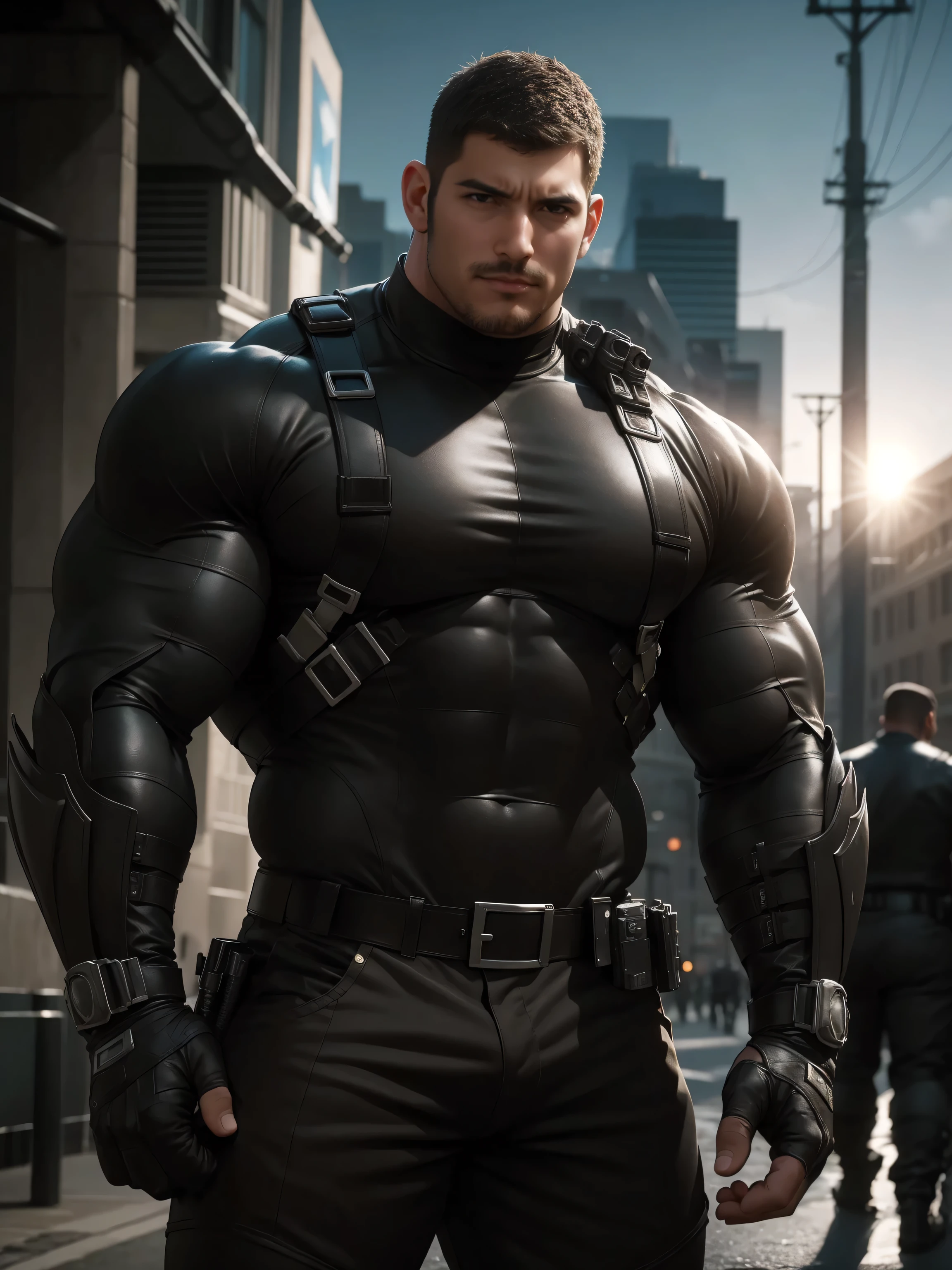 One Tall giant muscular police officer, Mechanical masks, Big Black Mask, on the street outdoors, Brown Superhero Bodysuit, The expression is arrogant, Lift your chin, Messy hair, Thick thighs, Brown Superhero Bodysuit, very tight, Regular symmetrical pattern, Highlight muscles, Police uniform pants, character concept(Resident Evil - Chris Redfield, Chris Redfield)A proud expression, Deep and charming eyes, Heroic male pose, tall Burly, muscular!muscular thighs, tough guy, perfect facial features, High, Burly, Heqiang, Super Buff and Coolness, High Resolution Committee, Charismatic strongman, The sun is blazing, dazzling
