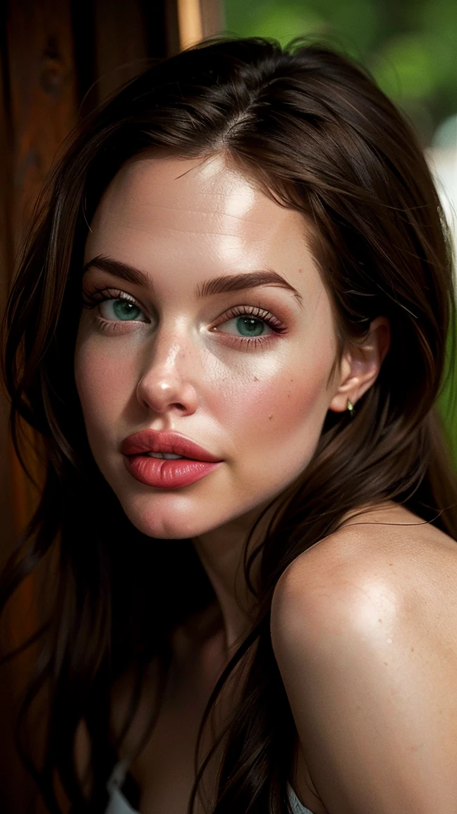 Ultra-realistic full-face photorealistic image. Actress Angelina Jolie is a 48-year-old milf goddess with a beautiful face and deep green eyes that captivate anyone who meets them. Her long, straight brown hair falls gracefully, framing her face elegantly. Full lips paint a smile. Her beauty is a harmonious blend of unique and captivating features, making her irresistibly attractive.