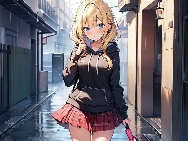 Top quality, (1 beautiful girl), junior high school student, Blonde, Braided hair, Medium Hair, Big breasted, standard weight, hoodie, plaid frill skirt, blush, walking, put up an umbrella, rainy, beautiful scene of alley, water drops, cowboy shot