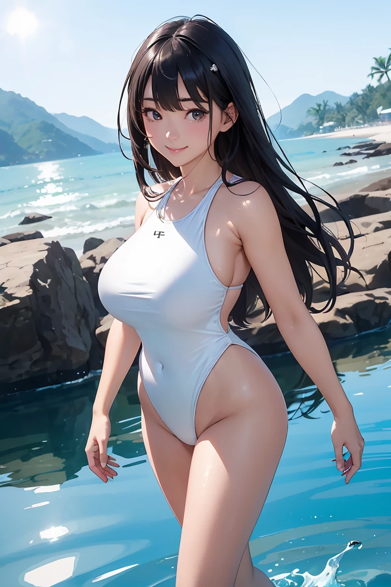 high resolution, extremely detailed CG, unity 8k wallpaper, super detailed skin, perfect anatomy, detailed, cinematic lighting, dynamic lighting, beautiful detailed eyes, High Resolution、Ultra HD、Top quality、Extremely detailed image quality、Realistic woman、A big smile、(1girl:1.8)、Japanese、Peaceful face、45-year-old woman、milf 、Plump body、belly button、Black Hair、long、Shiny skin、Skin that is very shiny after applying oil、High gloss skin、Facing forward、Feminine standing posture、The whole body is reflected、Beach、Woman wearing(white one-piece swimsuit:1.5), (High leg:1.2), (Reflection of light:1.4), High legパンティー, (Bursting huge breasts、Valley、Shiny skin、Glossy skin、Glowing Skin、High gloss skin:1.4)、