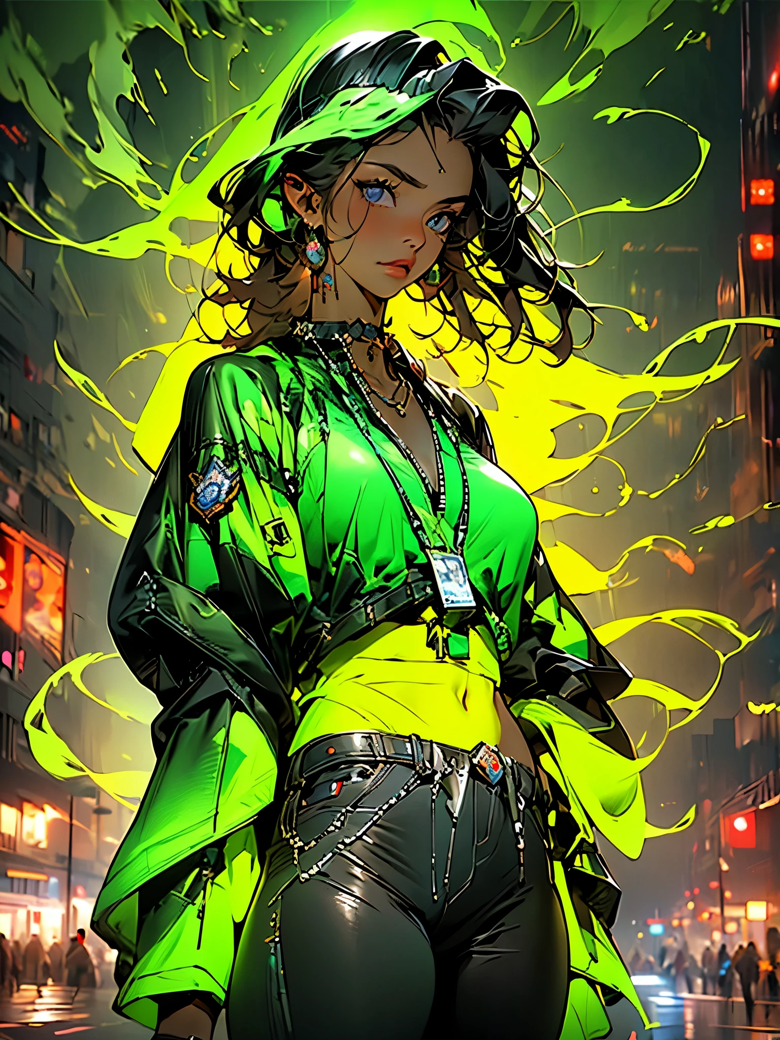 Retrato de natlp como uma bela modelo feminina, Georgia Fowler, rosto bonito, com cabelo castanho escuro curto, in cyberpunk city at night. She's wearing a leather jacket, black pants, dramatic lighting, (police badge:1.2)