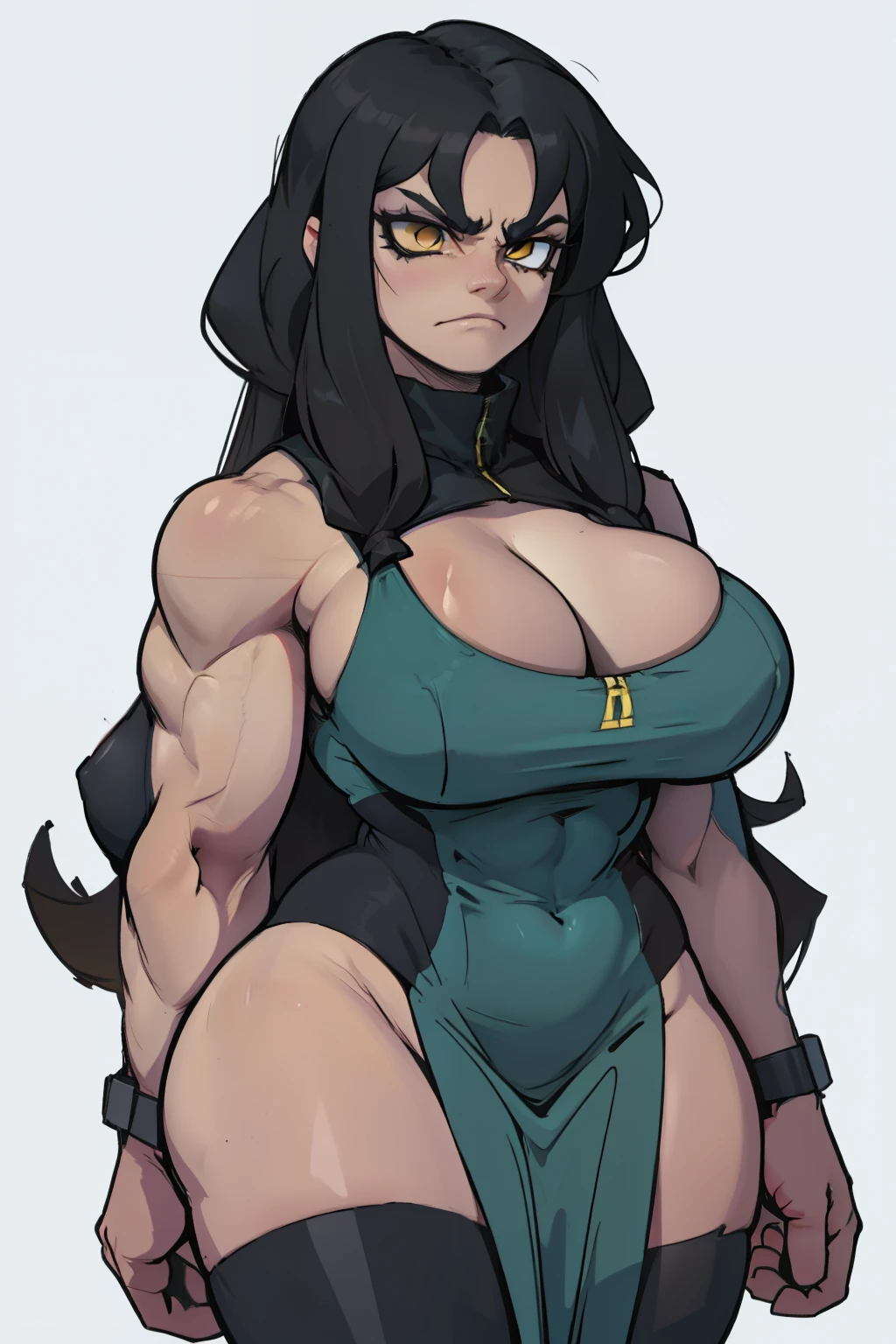 huge breasts huge breasts huge breasts muscular muscular muscular thick thick thick black hair yellow eyes pale skin female sad frown cleavage long straight hair long straight hair long straight hair long straight hair 