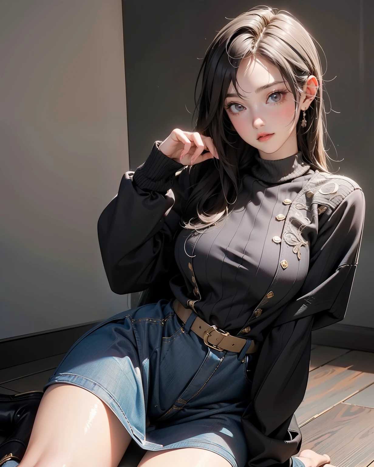 A girl in a random pose, (best quality, 8k, hyperrealism, high quality, high definition, high quality texture, high detail, beautiful detailed, intricate, extremely detailed CG, intricate textures, realistic facial features, masterpiece:1.2, lifelike), wearing a sweater, a tight miniskirt, knee-high socks, and engineer boots.
