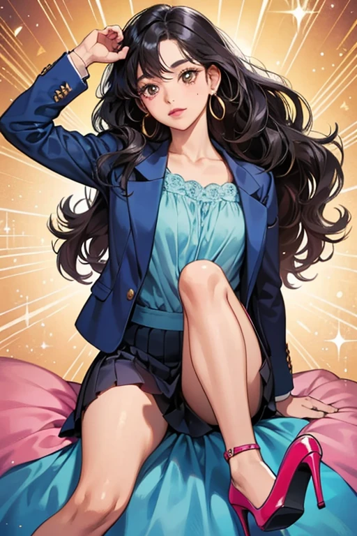 Mayor Goodway She has dark-colored skin, pretty brown eyes, and long wavy hair, and a small beauty mark on her face. she wears a dark blue skirt, a blue blazer, a pink camisole, red high heel shoes , and golden earrings. SPARKLE; GLITTER