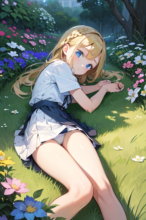 masterpiece, highest quality, High resolution, One old girl、blue eyes、
blonde, Braiding、White shirt, Check skirt, White panties、garden、flower bed、Lying on the grass