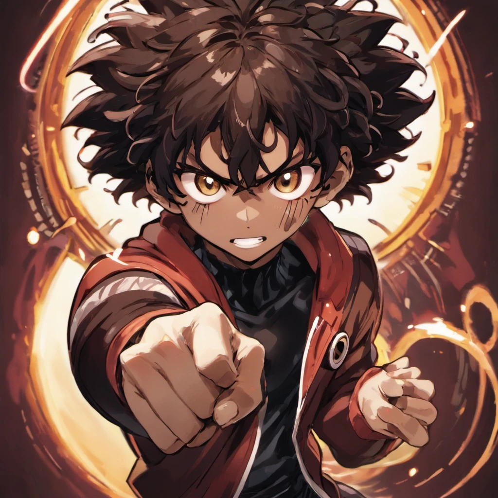 (Boy),(Boku no hero academia anime style),(16 year old teenager),(young man),(light brown skin color),(average physical height of a teenager),(short black curly Brazilian Afro style hair) ,(with the eyes transforming into a kind of Sharingan with just a circle in the middle of the eye and rings shining with light that give a tone of eternity)