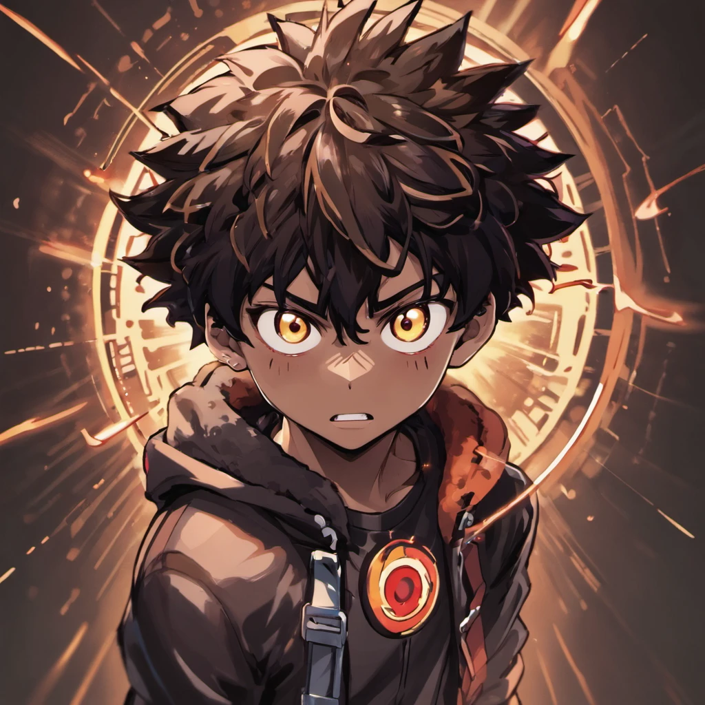 (Boy),(Boku no hero academia anime style),(16 year old teenager),(young man),(light brown skin color),(average physical height of a teenager),(short black curly Brazilian Afro style hair) ,(with the eyes transforming into a kind of Sharingan with just a circle in the middle of the eye and rings shining with light that give a tone of eternity)