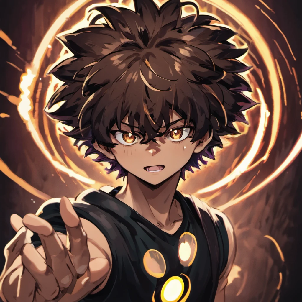(Boy),(Boku no hero academia anime style),(16 year old teenager),(young man),(light brown skin color),(average physical height of a teenager),(short black curly Brazilian Afro style hair) ,(with the eyes transforming into a kind of Sharingan with just a circle in the middle of the eye and rings shining with light that give a tone of eternity)