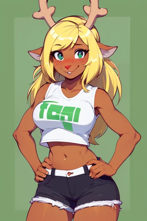 (noelle, furry female anthro, blonde hair, deer girl, red deer nose, white eyes, white pupils, white crop top, Jean shorts, big breasts), hands on hips, wide hips, green neon city, smiling, blushing