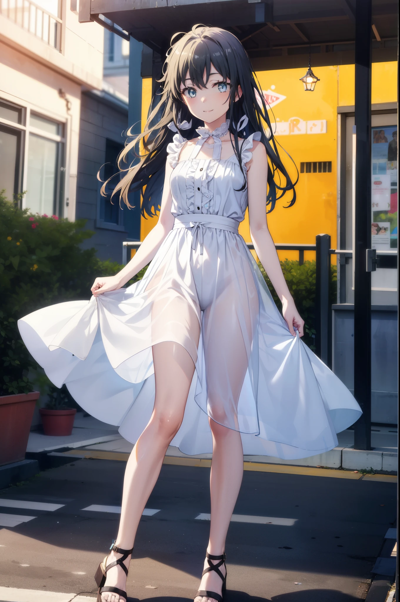 yukinoyukinoshita, Yukino yukinoshita, Black Hair, blue eyes, Long Hair,smile, Small breasts,happy smile, smile, Close your mouth,
, Sleeveless white dress,White long skirt,Cute Sandals,walking,Real Summer,Daytime,sunny,whole bodyがイラストの中に入っていくように,
break outdoors ,city,Building district,　　　　　　　　　　　　　　　break looking at viewer, whole body,
break (masterpiece:1.2), highest quality, High resolution, unity 8k wallpaper, (shape:0.8), (Beautiful and beautiful eyes:1.6), Highly detailed face, Perfect lighting, Extremely detailed CG, (Perfect hands, Perfect Anatomy),