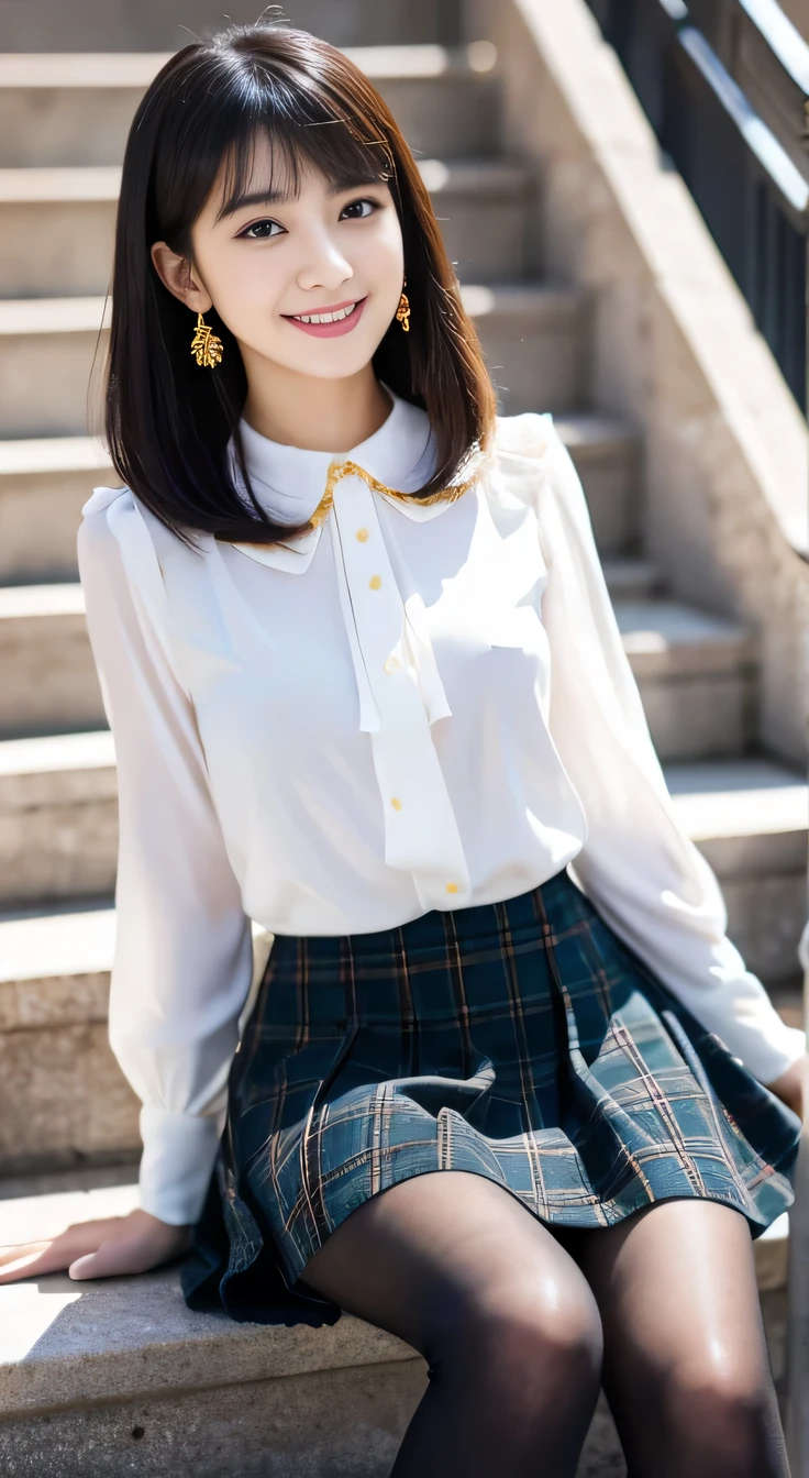 highest quality, Realistic, Very detailed, Finer details, High resolution, 8k wallpaper, One beautiful woman,Sit on the stairs、Full body photo、smile、black tights、Long sleeve blouse、Plaid knee-length skirt、pumps、Black Hair、 Beautiful Bangs、ear piercing、Perfect dynamic composition, Beautiful and detailed, , A big smile waiting to start