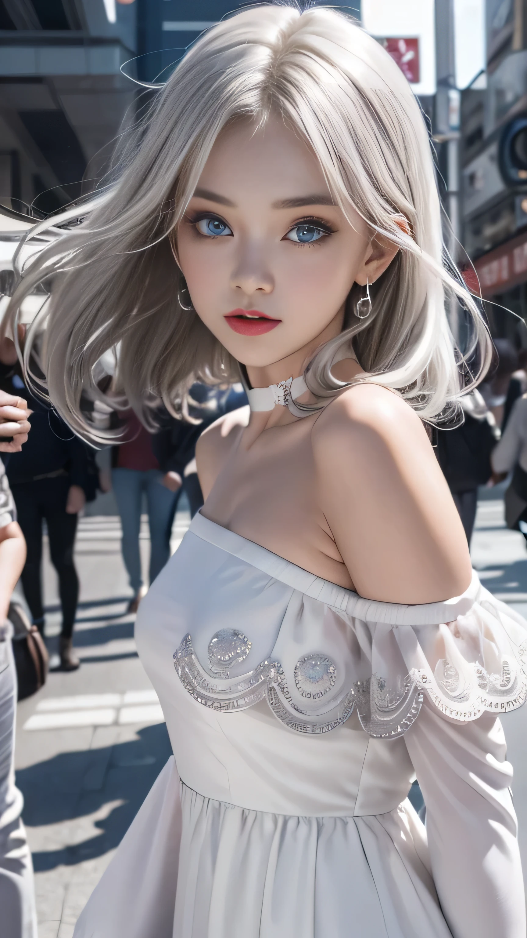 double whirlwind pattern design garment，Iris heterochromatic pupil，silver-haired girl，free high resolution,off shoulders、White dress