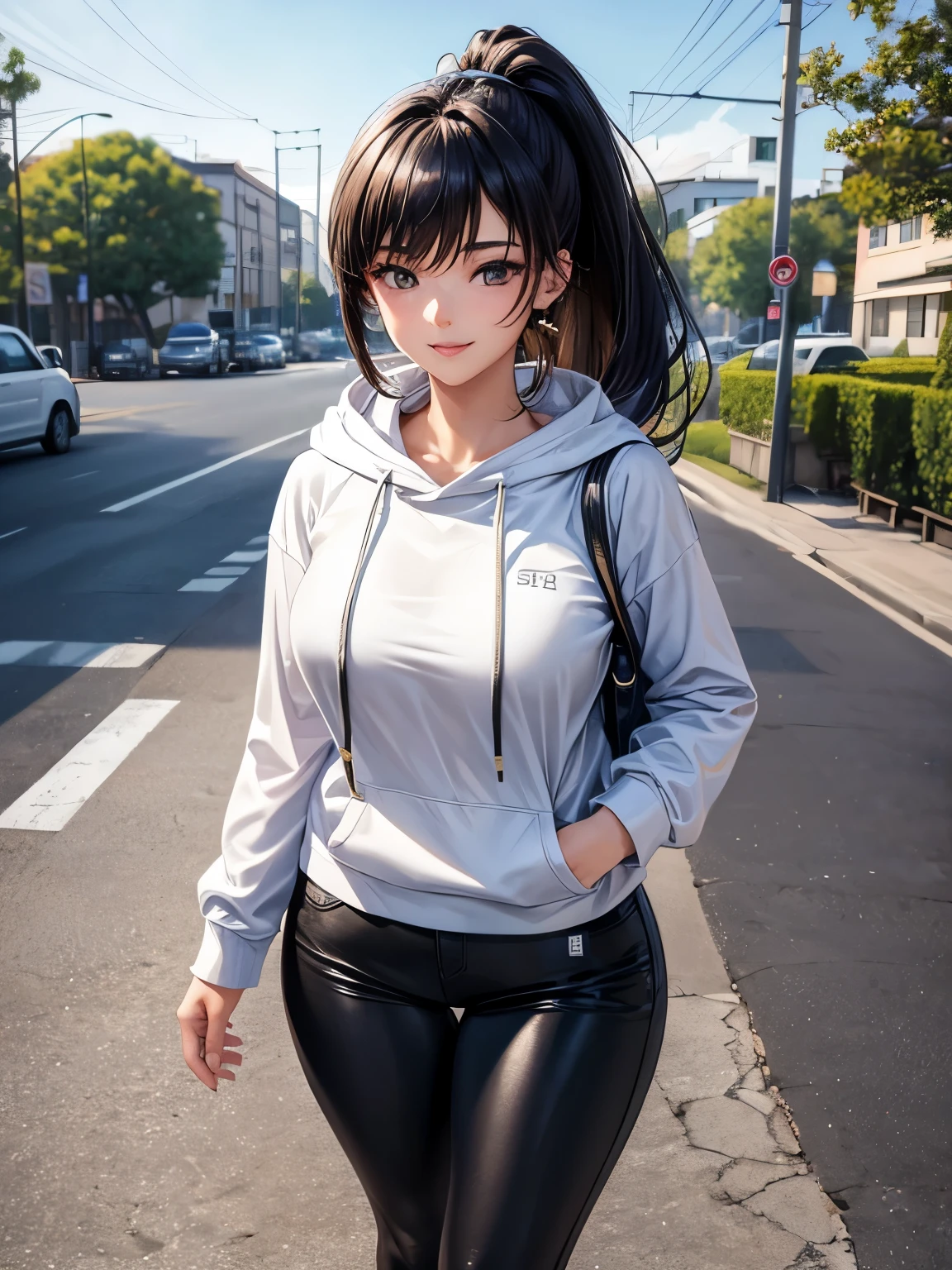 ((best quality)), ((masterpiece)), (detailed), perfect face,(18 years old),(beautiful girl), ponytail,(blackes Braun hair), cute smile (looking at vivers) on a streat road,( full body view),(detailed lips), perfect head ,(detailed face), wers a white hoodi black Stiles short pant that reaches nee, heads in hoodi pocket,(huge breasts),(perfect girl), Korean girl