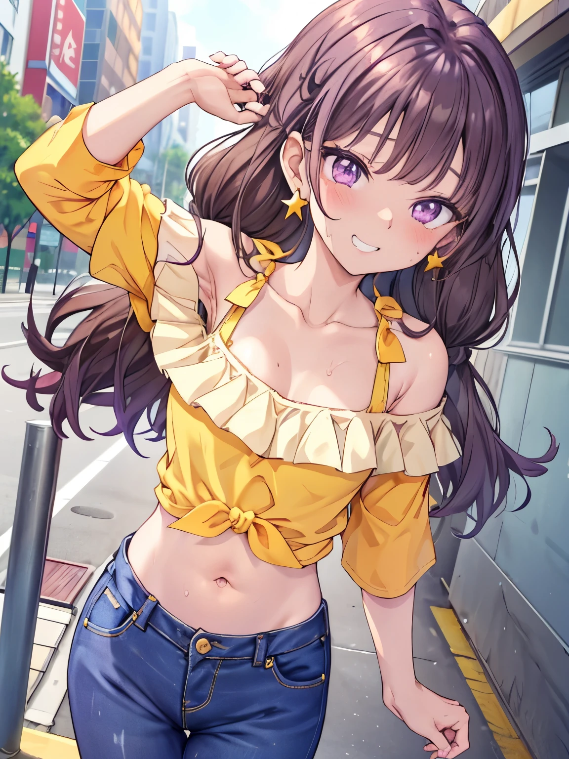 Amanogawa Kist, One girl, alone, Purple hair band, Brown Hair、Star earrings, Yellow Shirt, Exposing shoulders, Off the shoulder、
Small denim hot pants、 View your viewers, Cowboy Shot, Are standing,
street、
Thighs、Big Breasts、 belly button、Groin、Purple Eyes、Sweat、Fever、Estrus、
blush、Grin、Raise your arms、
From above、