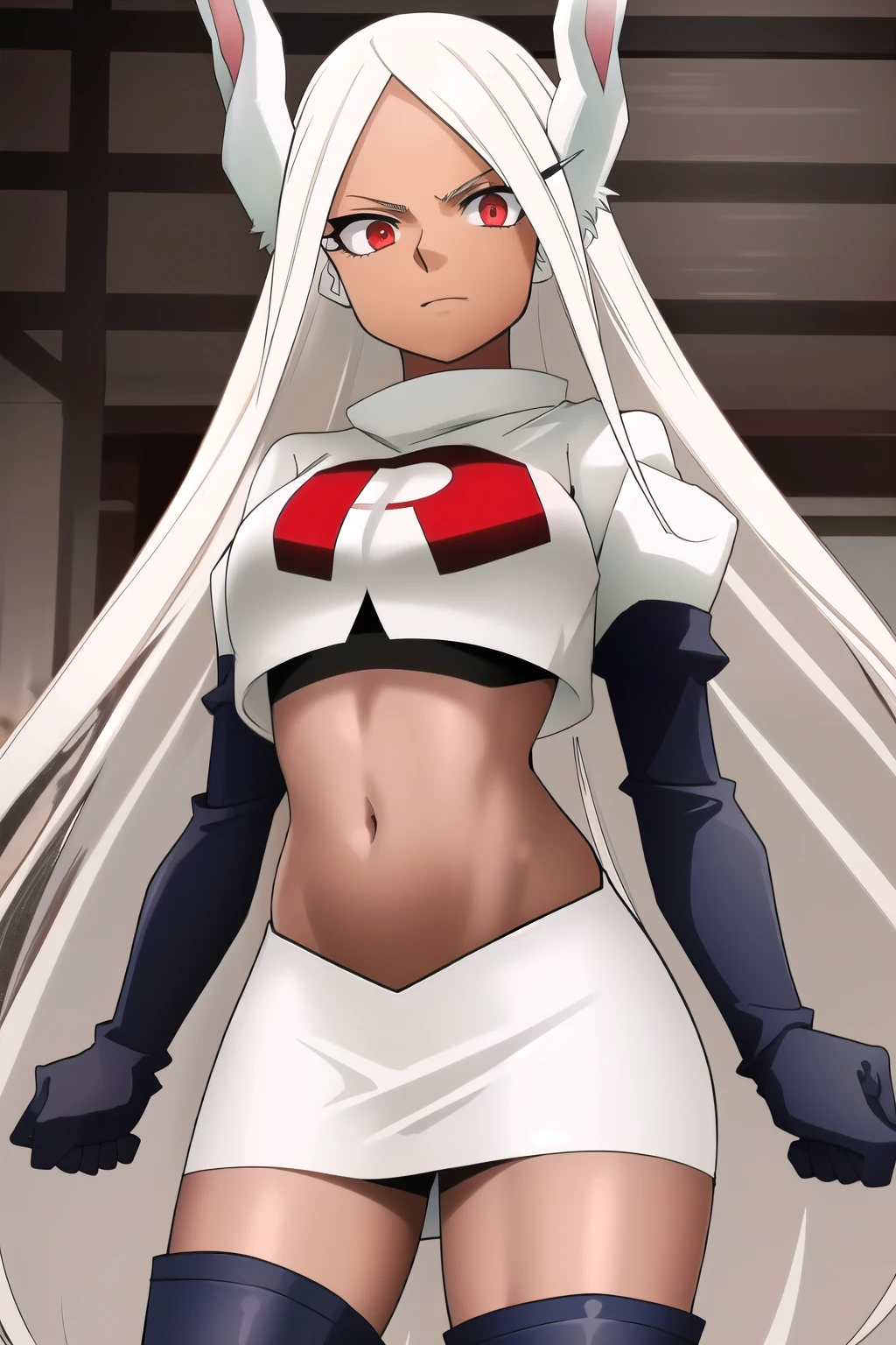 ((best quality)), ((highly detailed)), masterpiece, (detailed eyes, deep eyes), (1girl), (cowboy shot), mirkomha, boku no hero academia, white hair, very long hair, (red eyes), ((dark skin:1.3)), muscular female, rabbit ears, large breasts, team rocket,team rocket uniform,white skirt,red letter R,crop top,black thigh-highs,black elbow gloves